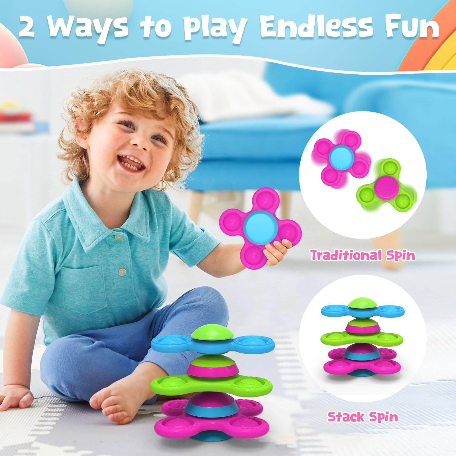 **Silicone Suction Cup Spinner - Stackable Baby Bath Toys for 1 Year Old Boys & Girls - Sensory Travel & High Chair Toy - Perfect for Easter Basket Stuffers & Toddler Gifts (10-18 Months) - Safe, No-Hole Design for Bathtime Fun & Learning Play**