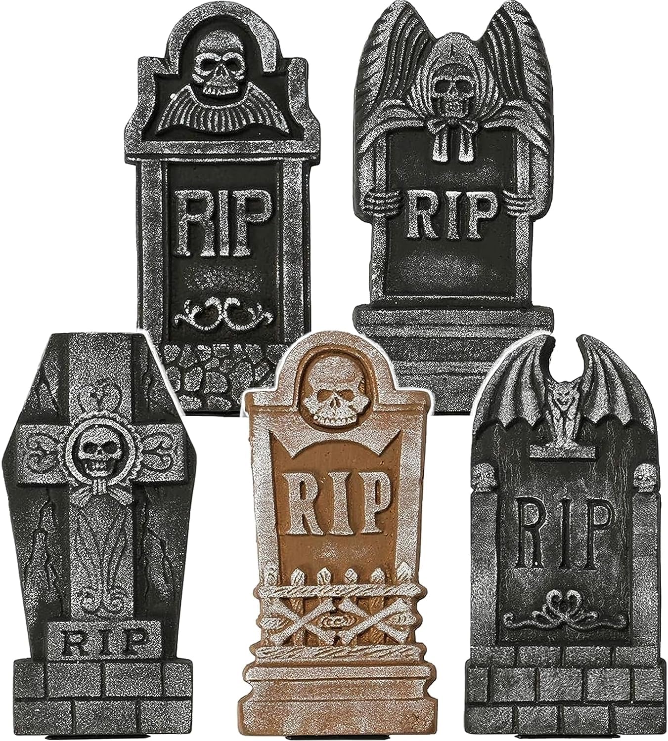Realistic Halloween Foam Graveyard Tombstones Set - 5 Piece Scary Headstone Decorations with 10 Bonus Metal Stakes for Spooky Yard & Party Decor | Perfect for Outdoor Halloween Displays, Haunted House Props, and Themed Events