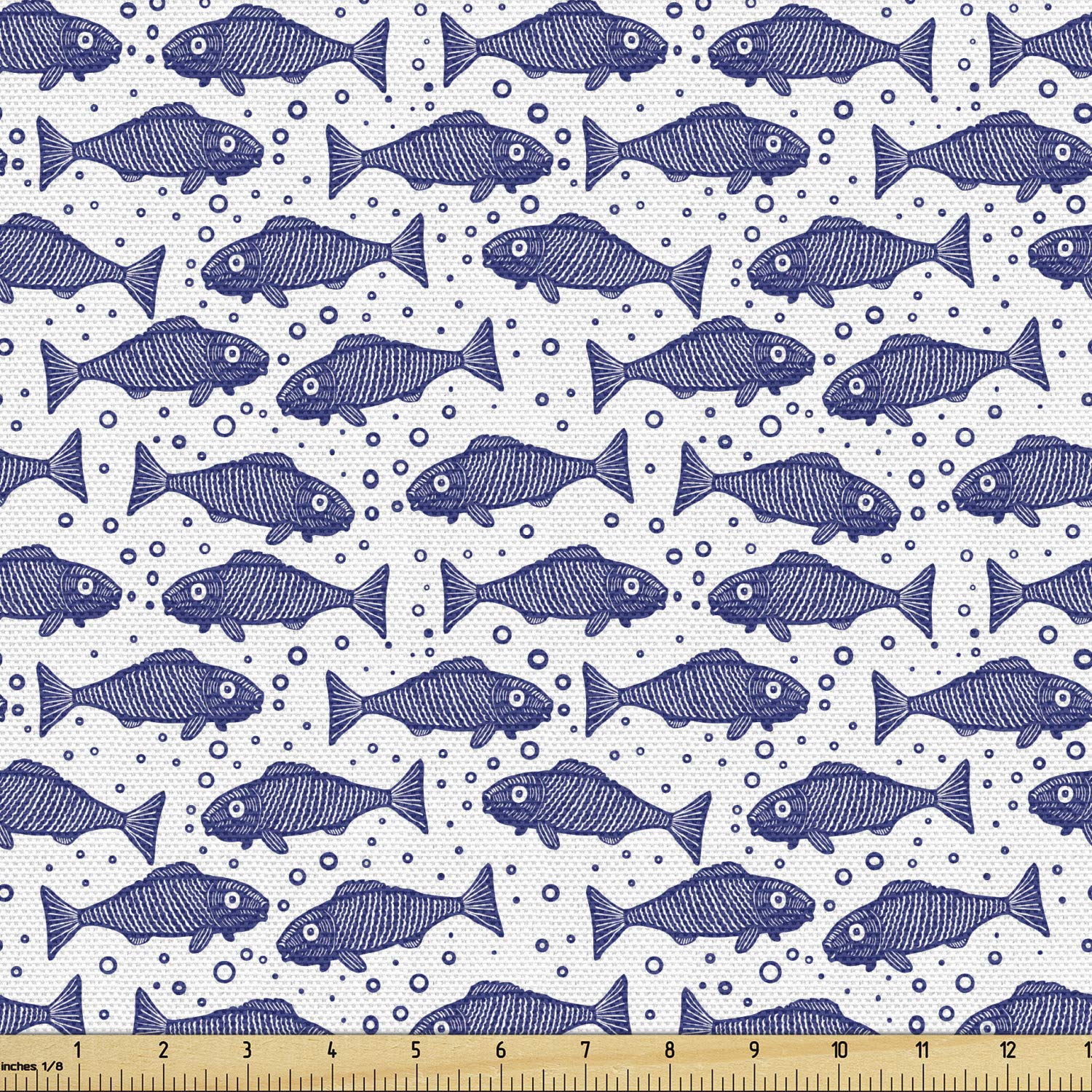 Ambesonne Nautical Fabric by The Yard - Monochrome Hand-Drawn Hatched Fish Pattern with Minimal Bubbles | 10 Yards Violet Blue & White Decorative Fabric for Upholstery, Home Decor, DIY Projects | Perfect for Curtains, Pillows, Table Runners & Crafting