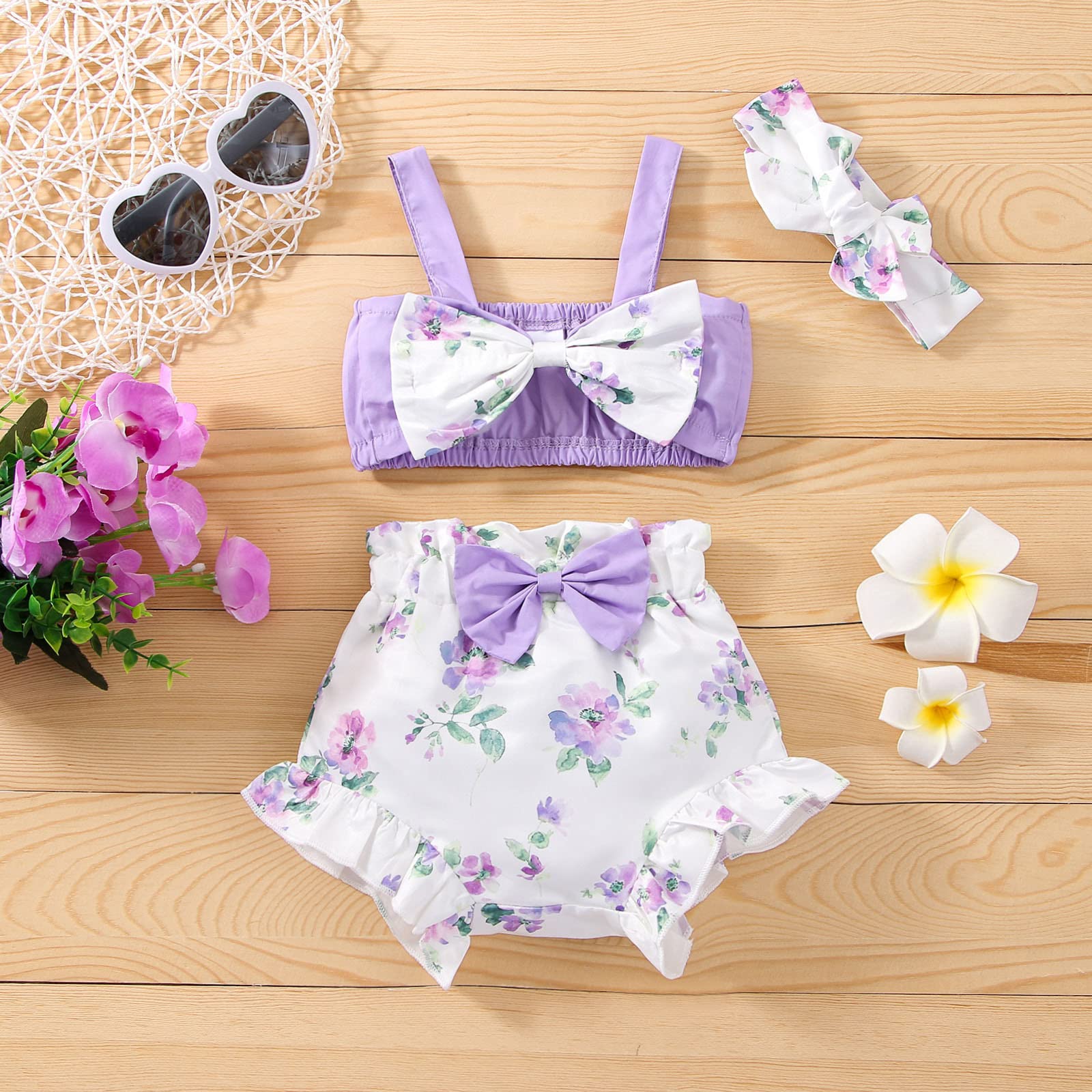 Baby Girl Summer Outfit Set - Sleeveless Bowknot Vest Top & Floral Shorts with Headband | Cute Infant Clothes for Beach, Park & Photo Shoots