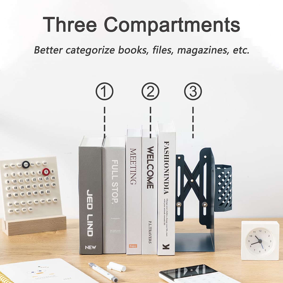 Kingsmile Metal Bookends for Shelves - Heavy Duty Book Stoppers for Kids Room, Home, Office, Classroom & Library - Includes Removable Pen Holder (Blue) | Perfect for Organizing Textbooks, Novels & Office Documents