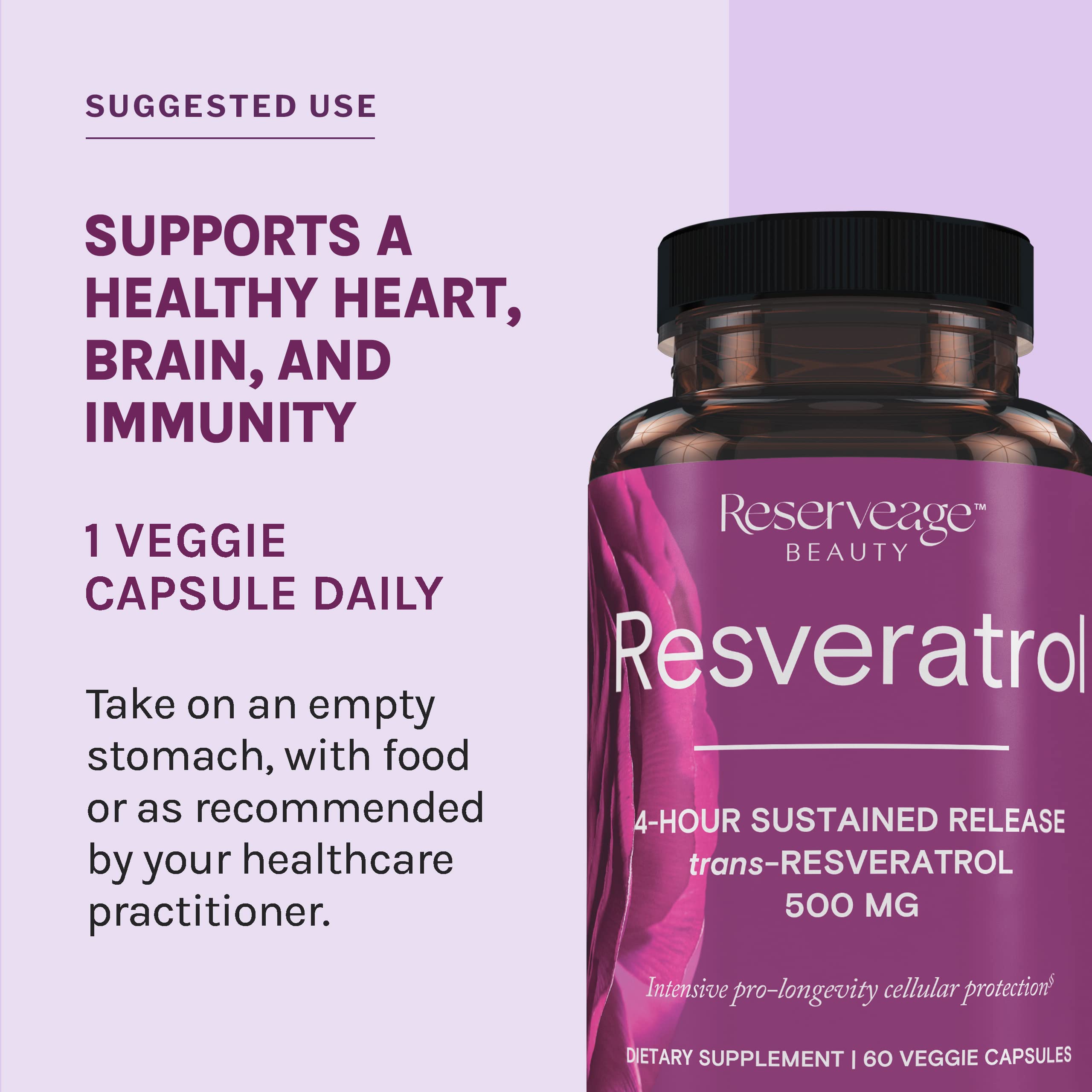 Reserveage Beauty Resveratrol 500mg Supplement - Trans-Resveratrol Antioxidant for Heart & Cellular Health | Supports Healthy Aging, Immune System & Anti-Aging Benefits | Paleo & Keto Friendly (120 Capsules, 60-Day Supply) - Perfect for Daily Wellness Routine & Anti-Aging Regimen