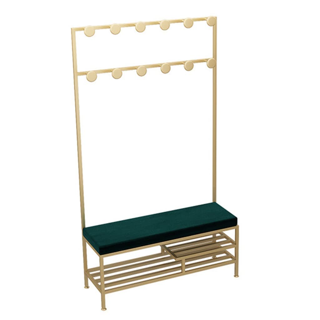 Heavy Duty Wrought Iron Coat Rack with Shoe Bench - Entryway Hall Tree Organizer with 2 Storage Shelves & Hooks for Clothes, Hats, Shoes (Green, 60x32x175cm) - Perfect for Entryway, Mudroom, Bedroom & Apartment Organization
