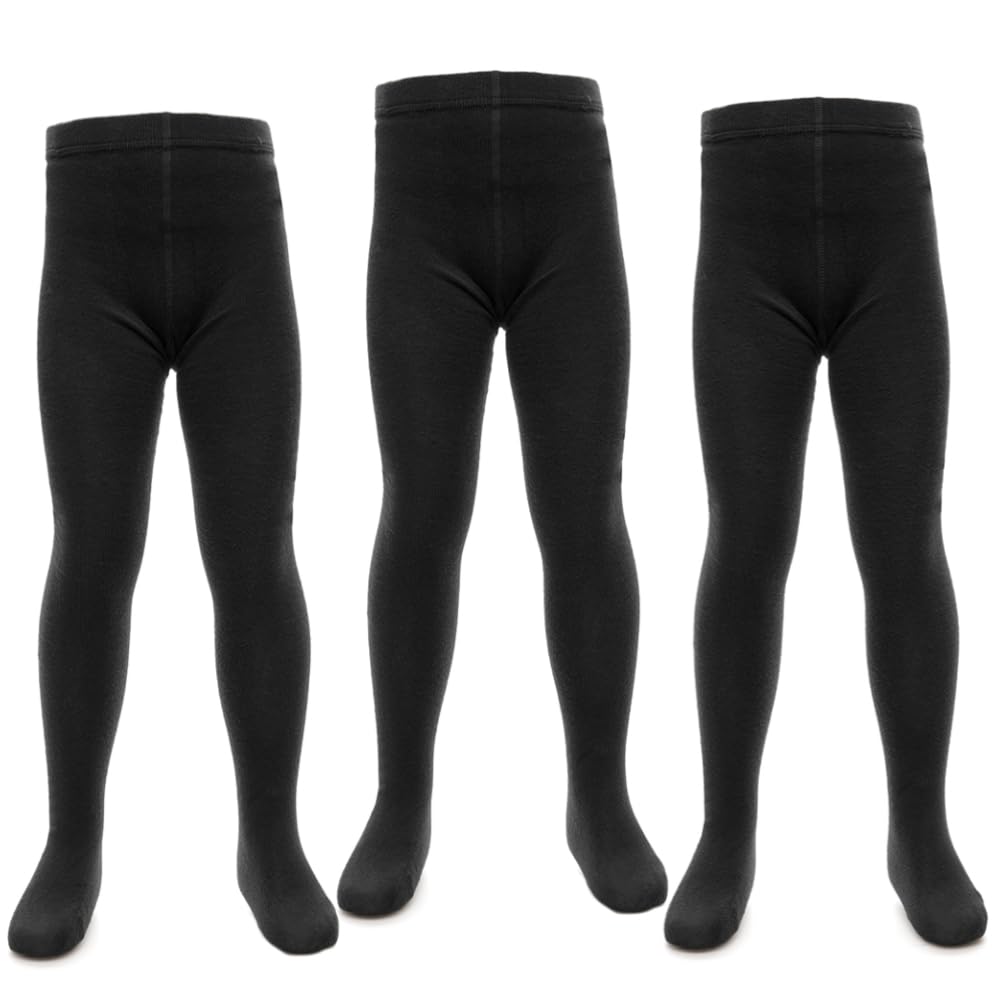 Purdashian Girls' Back to School Tights - 3 Pack Black or Grey Opaque Cotton Tights | Soft, Warm & Stretchy for School Uniforms | Perfect for Everyday Wear, Winter Layering & Dance Classes
