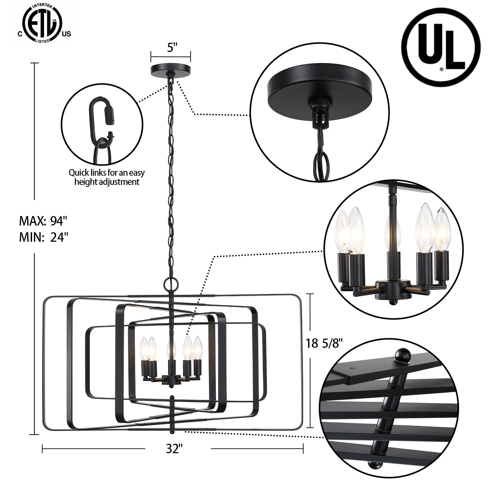 Modern 5-Light Black Chandelier - 32