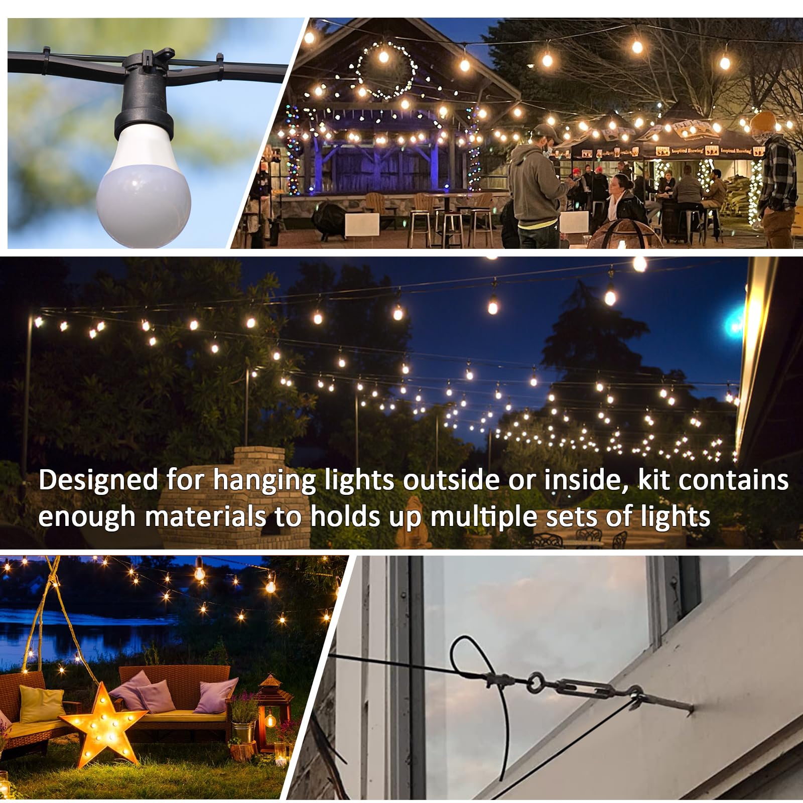 Black Globe String Light Hanging Kit - 164FT PVC Coated Steel Cable with Accessories for Outdoor, Patio & Camping | Perfect for Backyard Decor, Garden Parties & Romantic Ambiance