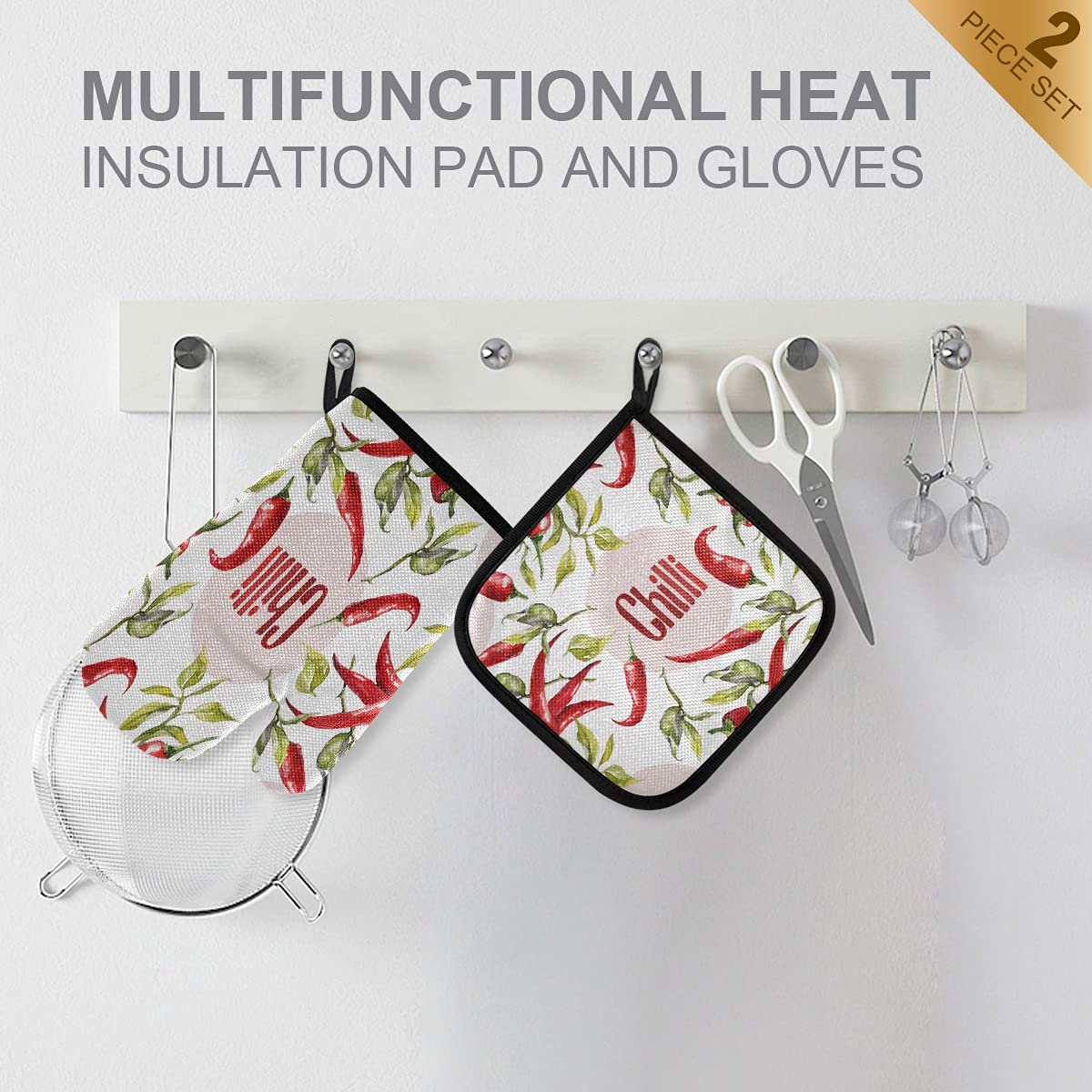 Bright Chili Pepper Oven Mitts and Pot Holders Set - 2-Piece Heat Resistant Kitchen Gloves & Trivet Mats for Baking, BBQ, Cooking - Non-Slip Farmhouse Style Home Decor (Perfect for Farmhouse Kitchens, Holiday Cooking & Gift Giving)