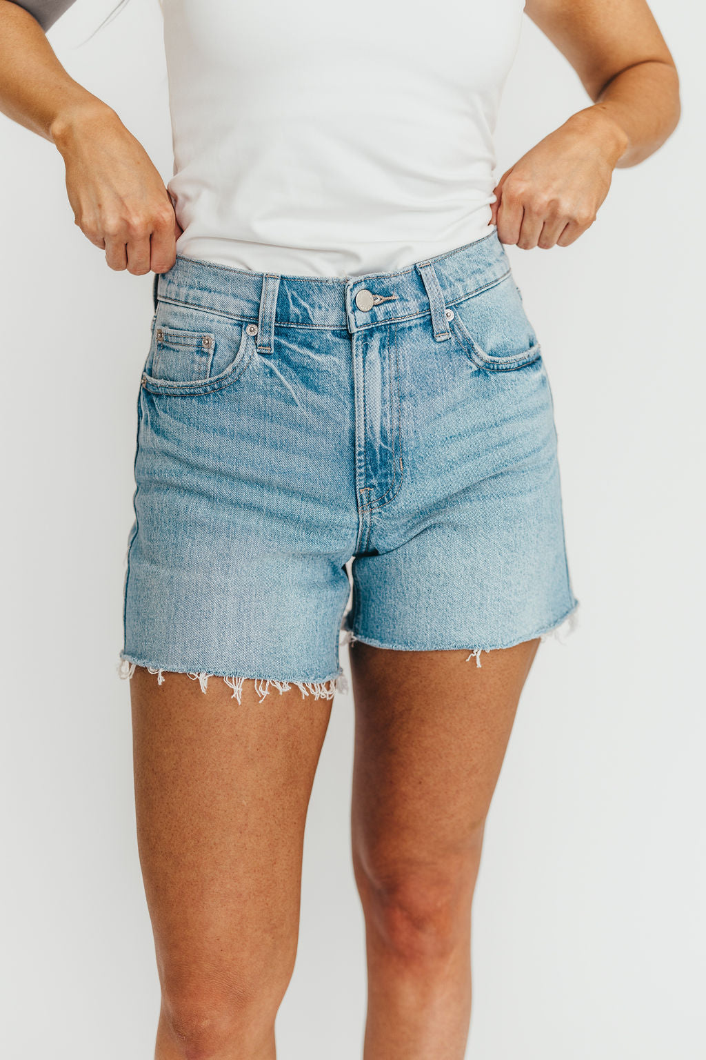 Callie High Waist Light Denim Long Shorts for Women | Comfortable Casual Summer Shorts | Perfect for Beach, Yoga & Everyday Wear