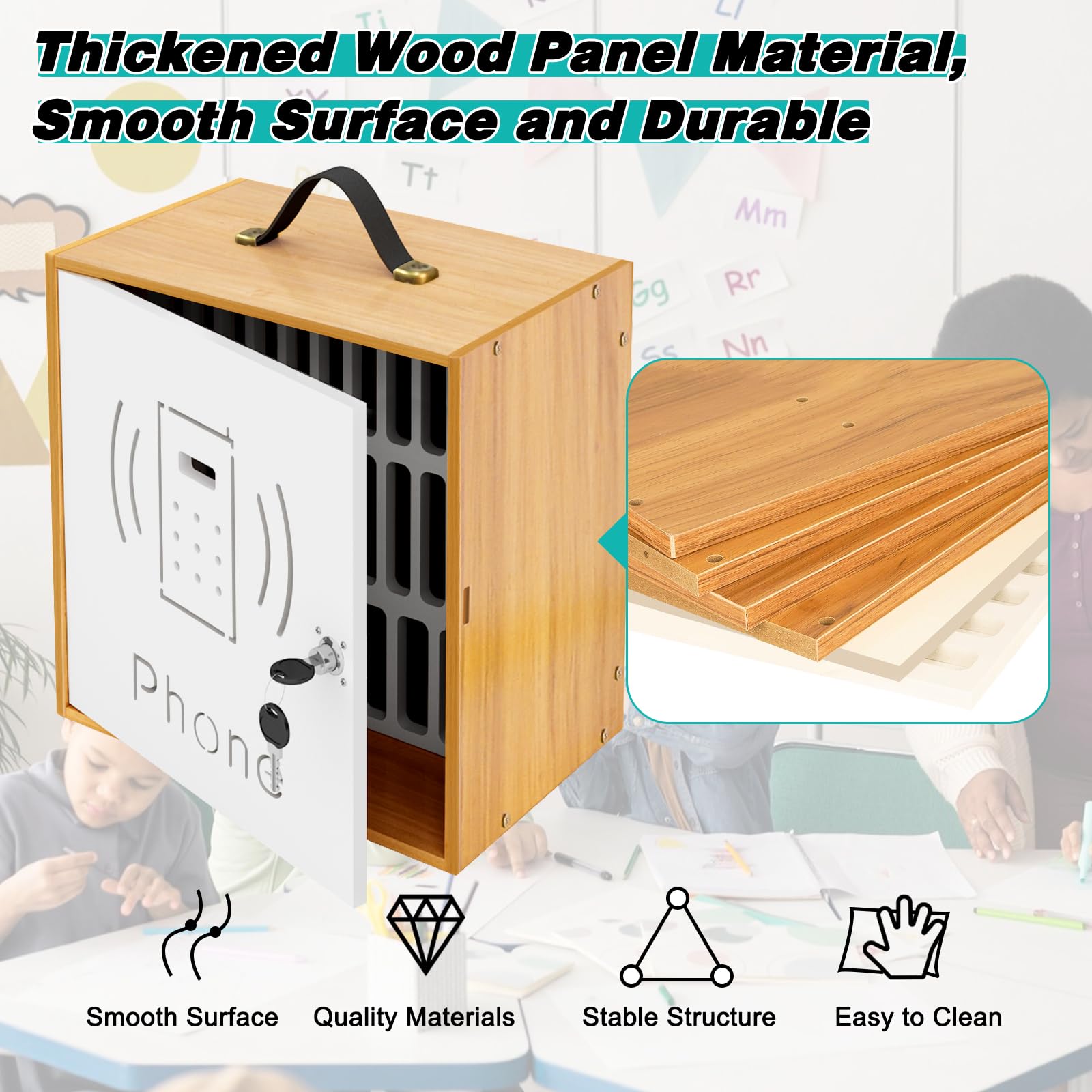31-Slot Wooden Cell Phone Storage Cabinet with Handle & Security Lock - Cherry Wood Desktop Phone Holder for Classroom, Office, and Home Organization