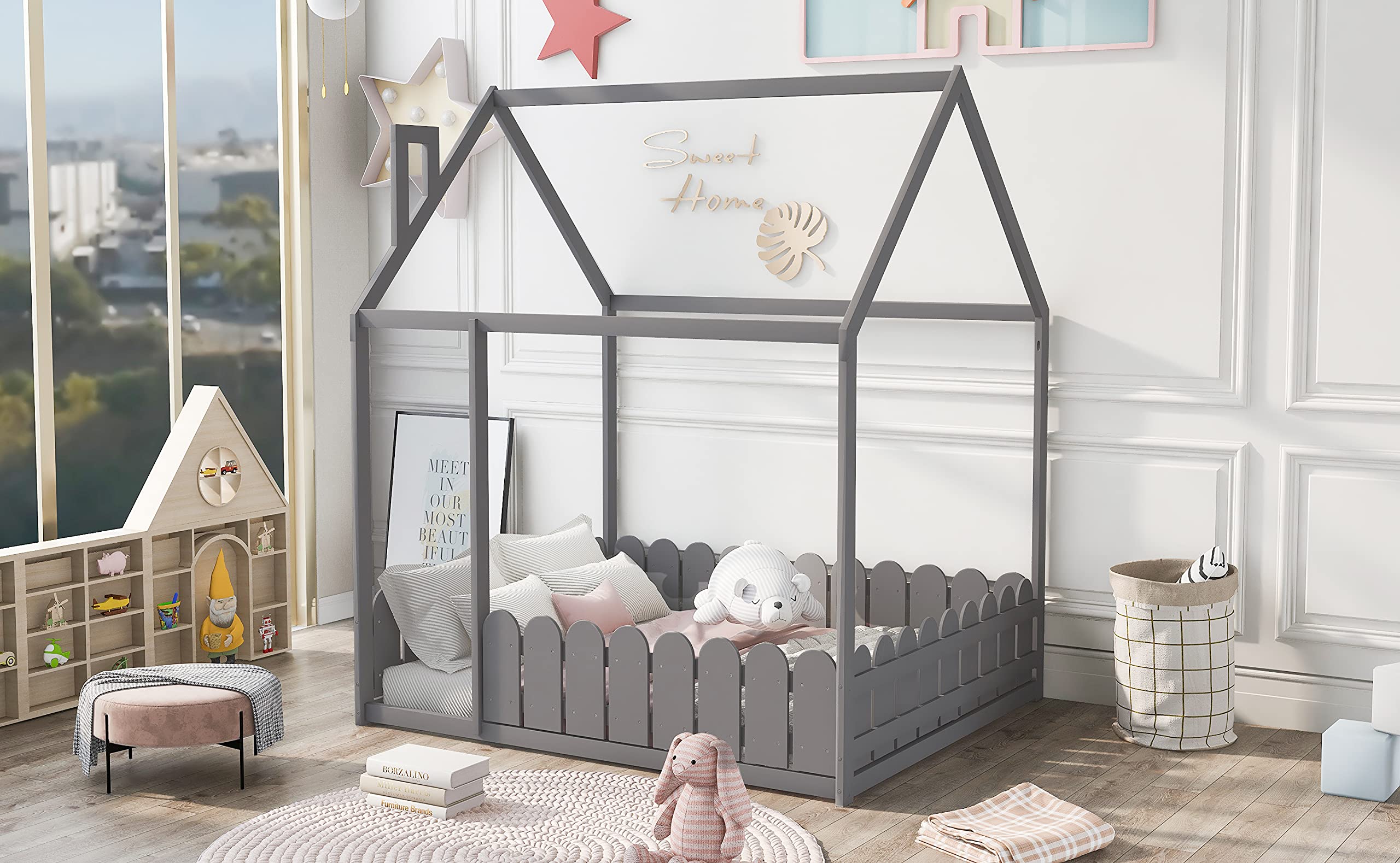 RUNNA Full Size Kids House Bed - Wooden Floor Bed Frame with Safety Fence | Cabin Style Nursery Furniture | Play Tent & Sleeping Space for Toddlers & Children | Gray (Unlimited Weight Capacity) - Perfect for Bedrooms, Playrooms & Montessori Environments