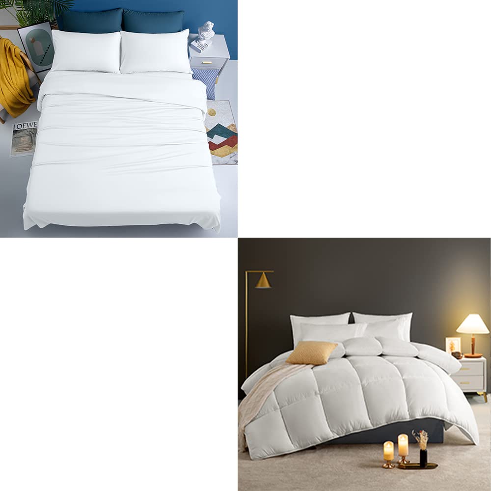 SHILUCHENG 100% Bamboo Bed Sheets Set 4-Piece with Down Alternative Comforter - Queen Size, White | Soft Breathable Cooling Bedding for All Seasons | Perfect for Master Bedroom, Guest Room & Dorm