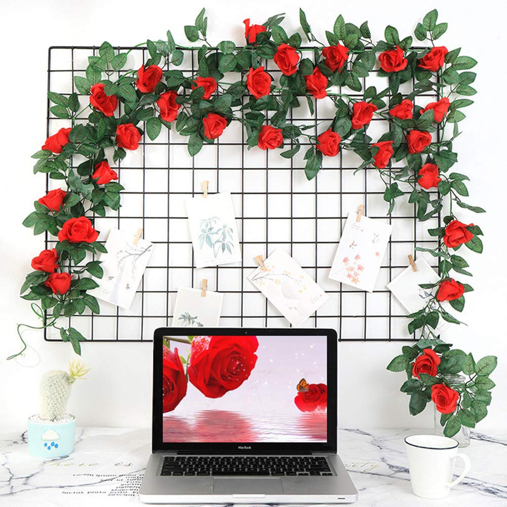16 FT Artificial Rose Vine Garland - Fake Hanging Flowers for Home, Hotel, Office, Wedding & Garden Decor (Red, 2 Pack) - Perfect for Wall, Fence, Balcony & Party Decoration