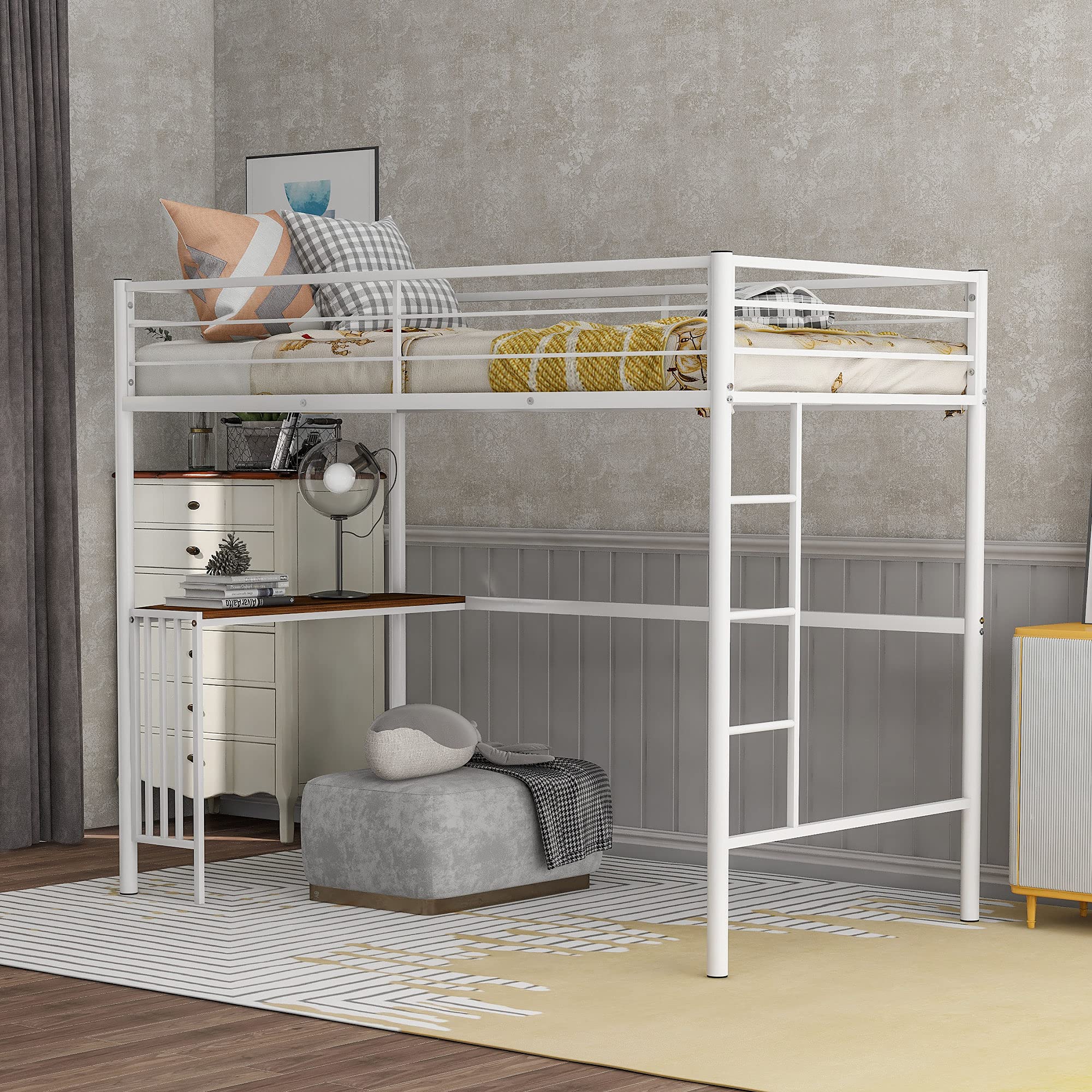 **Metal Loft Bed Frame with Ladder, Guardrails, Desk & Bookcase - Twin Size Space-Saving Bunk Bed for Teens, Kids, Boys & Girls (White) - Perfect for Small Bedrooms, Dorms & Studio Apartments**