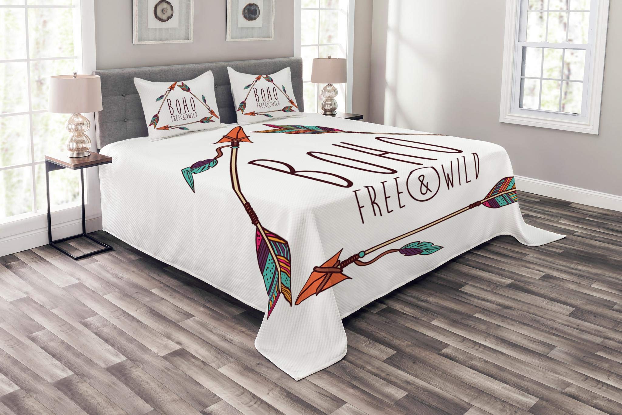 Ambesonne Arrow Boho Bedspread Set - 3 Piece King Size Geometric Triangle Feather Print Bedding with 2 Pillow Shams, Multicolor | Perfect for Bohemian & Eclectic Bedroom Decor