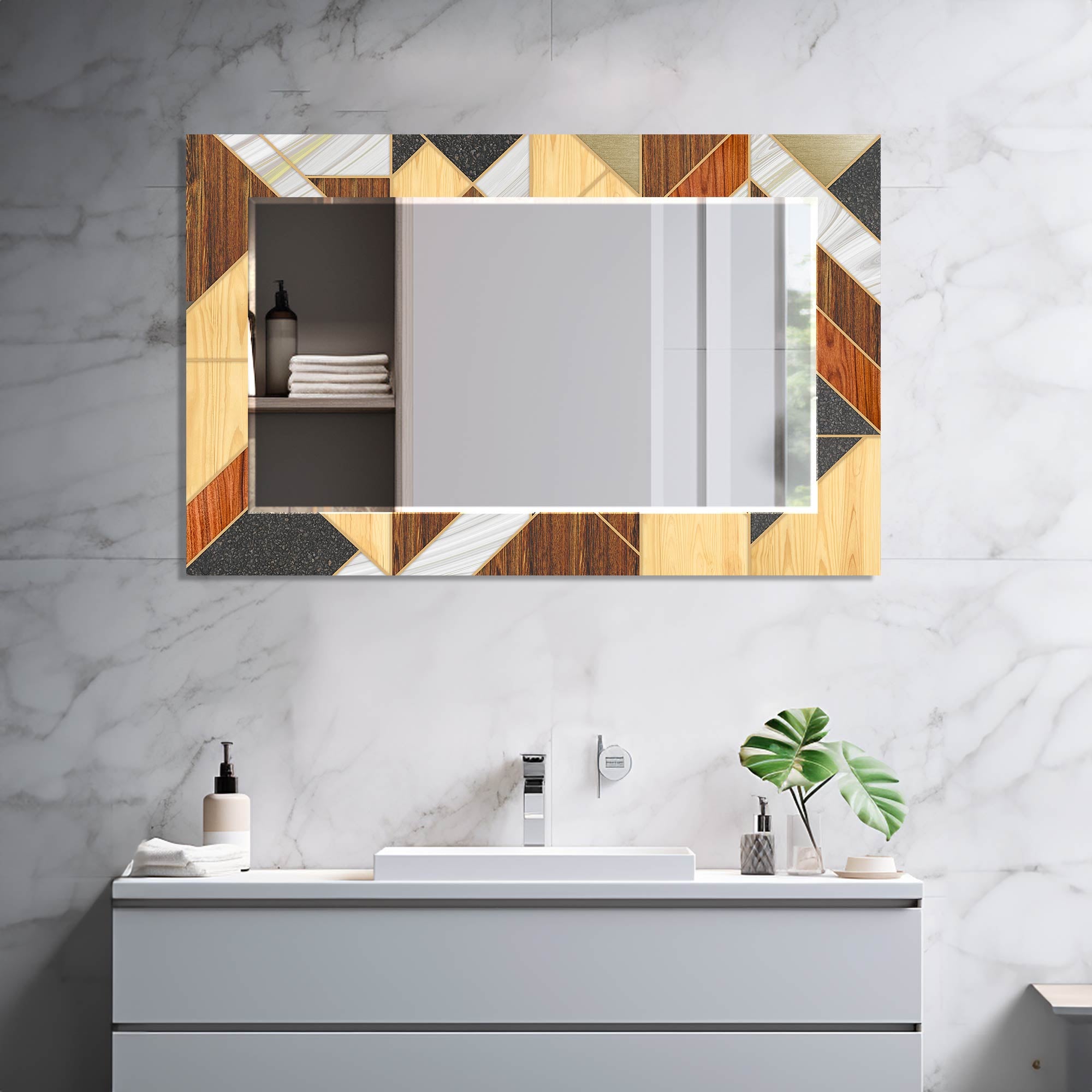 Stylish Wooden Framed Tempered Glass Wall Mirror - Elegant Home Decor for Bedroom, Bathroom & Living Room - Shatterproof & Durable Design for Daily Use