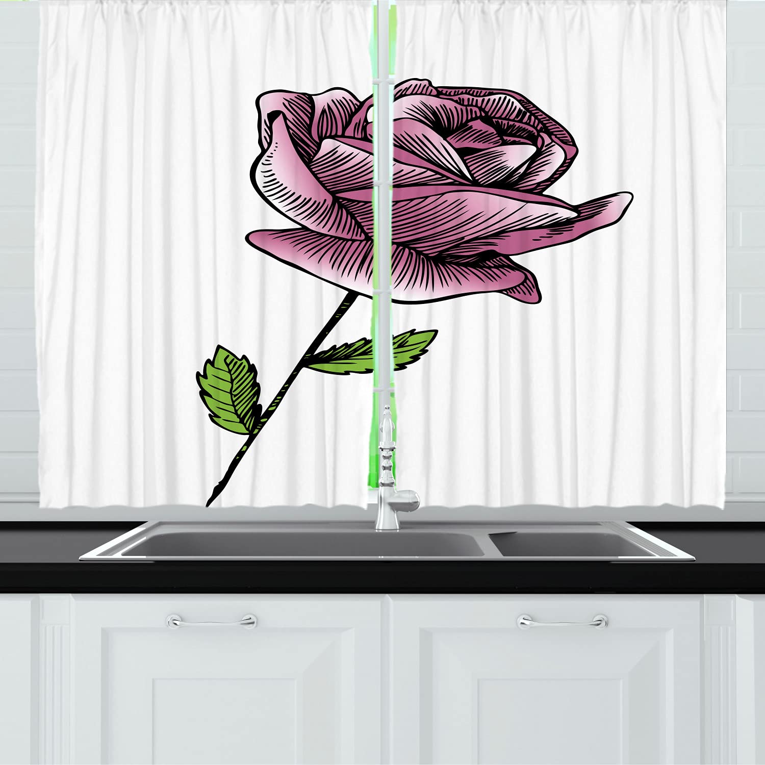 Ambesonne Floral Pink Long Kitchen Curtains - Hand Drawn Rose Blooming Romantic Love Theme, 2 Panel Rod Pocket Drapes 55