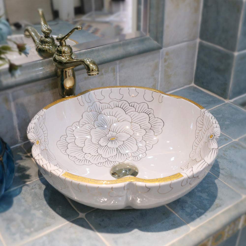 Floral Ceramic Countertop Basin - Retro Style Art Wash Basin for Bathroom Vanity | Vintage Farmhouse Decor Sink for Powder Room & Guest Bath