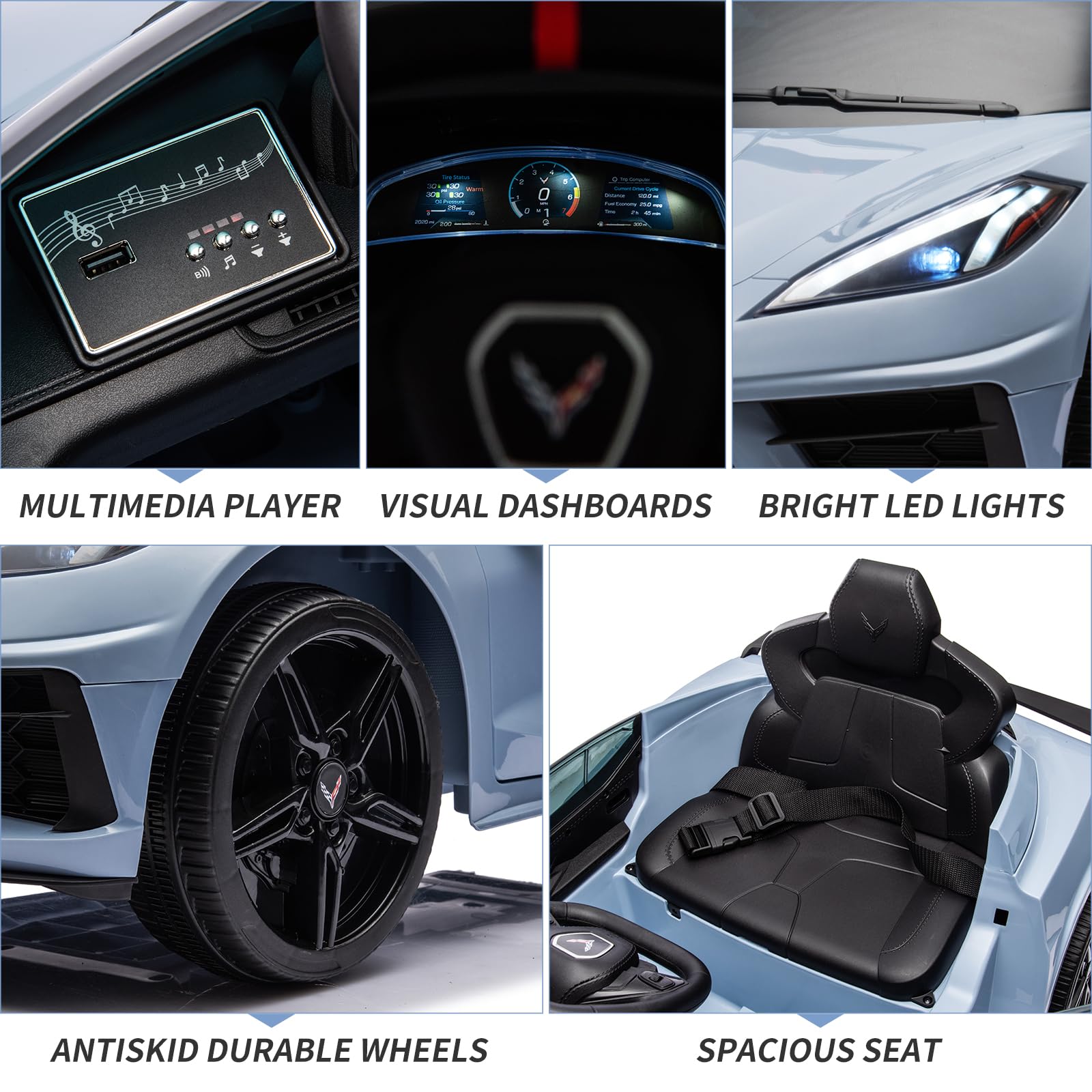 12V Licensed Corvette Kids Ride On Car - Battery Powered Electric Toy Car with Remote Control, LED Lights, Music & Visual Dashboard - Perfect Gift for Boys & Girls (Light Blue) | Indoor & Outdoor Play, Birthday & Holiday Gifts