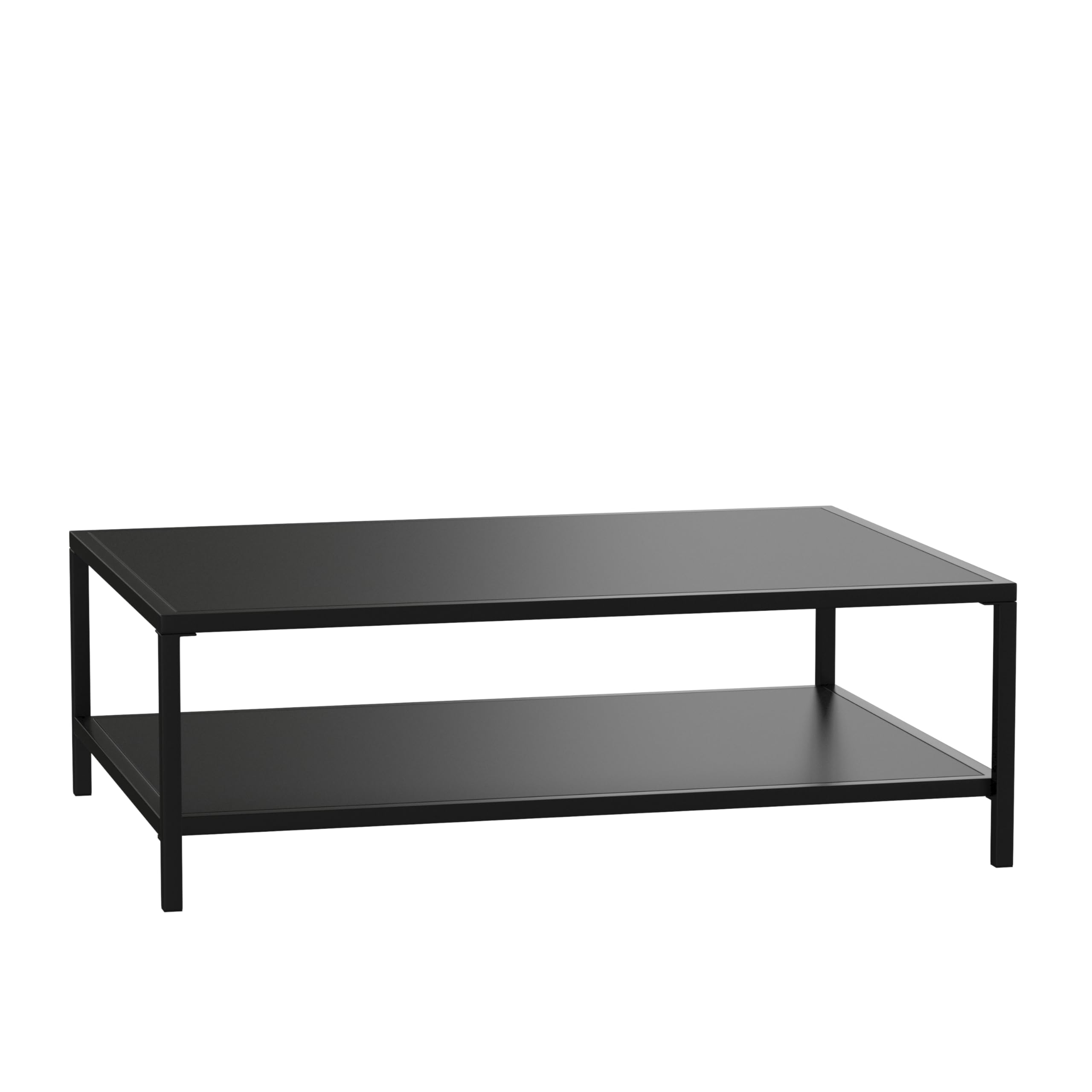 Black Steel Indoor/Outdoor Coffee Table with Lower Shelf - Modern Square Leg Frame for Living Room, Patio, Office or Restaurant - Durable Metal Side Table for Home & Commercial Use