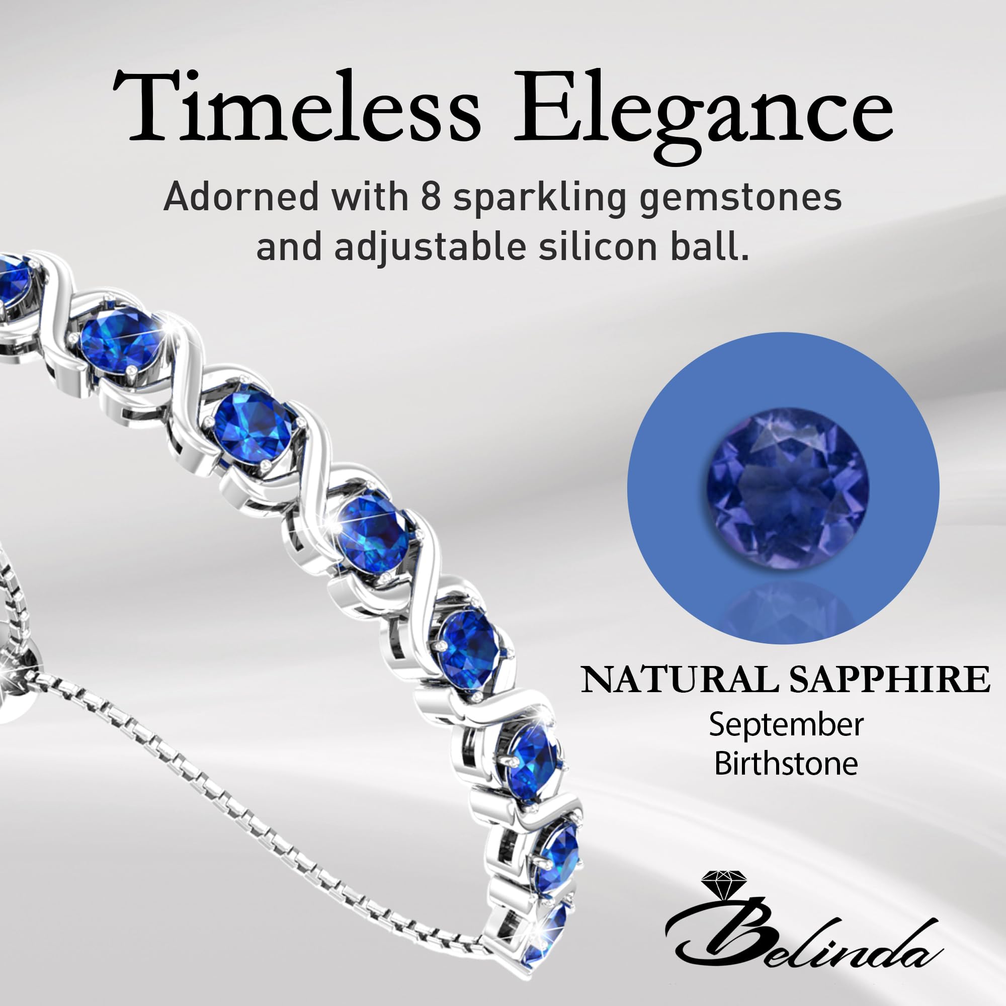 Birthstone Bangle Bracelet for Women - 925 Sterling Silver Adjustable Bracelet with 8 Round Natural Sapphire Stones & Bolo Closure (11