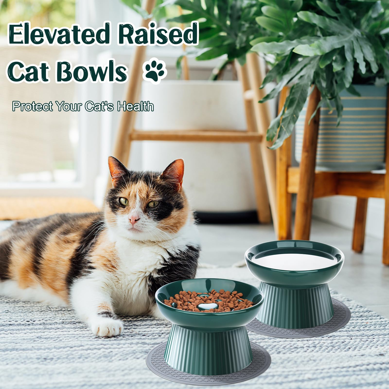 2 Pack Ceramic Raised Slow Feeder Cat Bowls - Elevated Pet Food Bowls for Indoor Cats & Small Dogs - Anti Vomiting Slow Feed Bowls for Dry & Wet Food - Durable Porcelain Design - Perfect for Mealtime Portion Control & Digestive Health