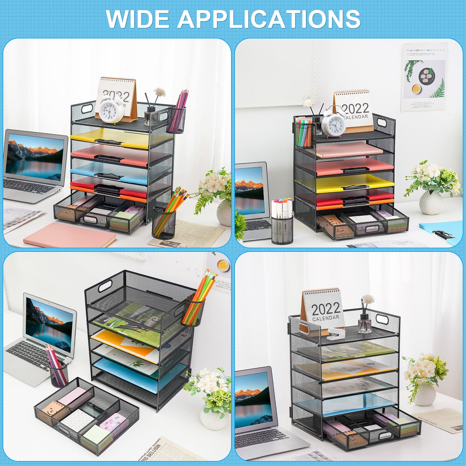 Lavatino 6-Tier Mesh Desk Organizer with Drawer - Black File Folder Holder for Office, Home & School - Paper Sorter, Letter Tray & Document Organizer | Perfect for Bills, Mail, Office Supplies & Schoolwork Organization