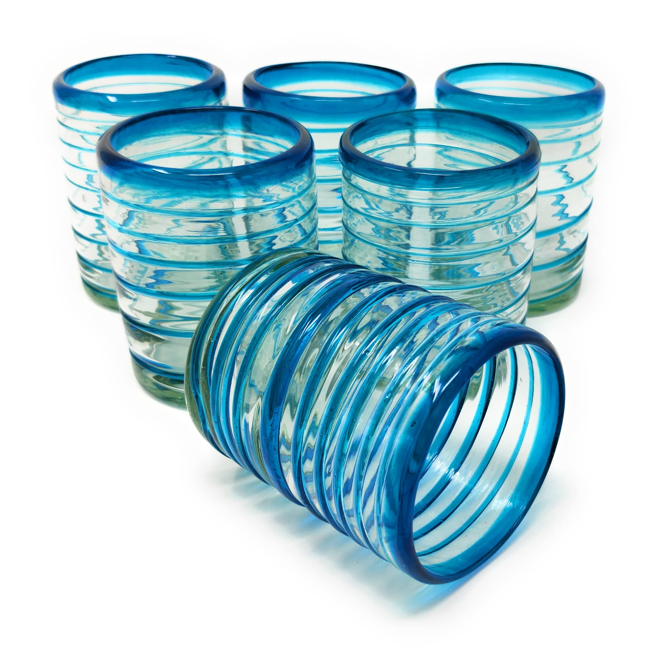 Hand Blown Mexican Drinking Glasses Set of 6 - 10oz Aqua Spiral Design Tumbler Glasses for Margaritas, Cocktails & Iced Tea - Durable & Unique Glassware for Home Bar, Restaurant or Party Use