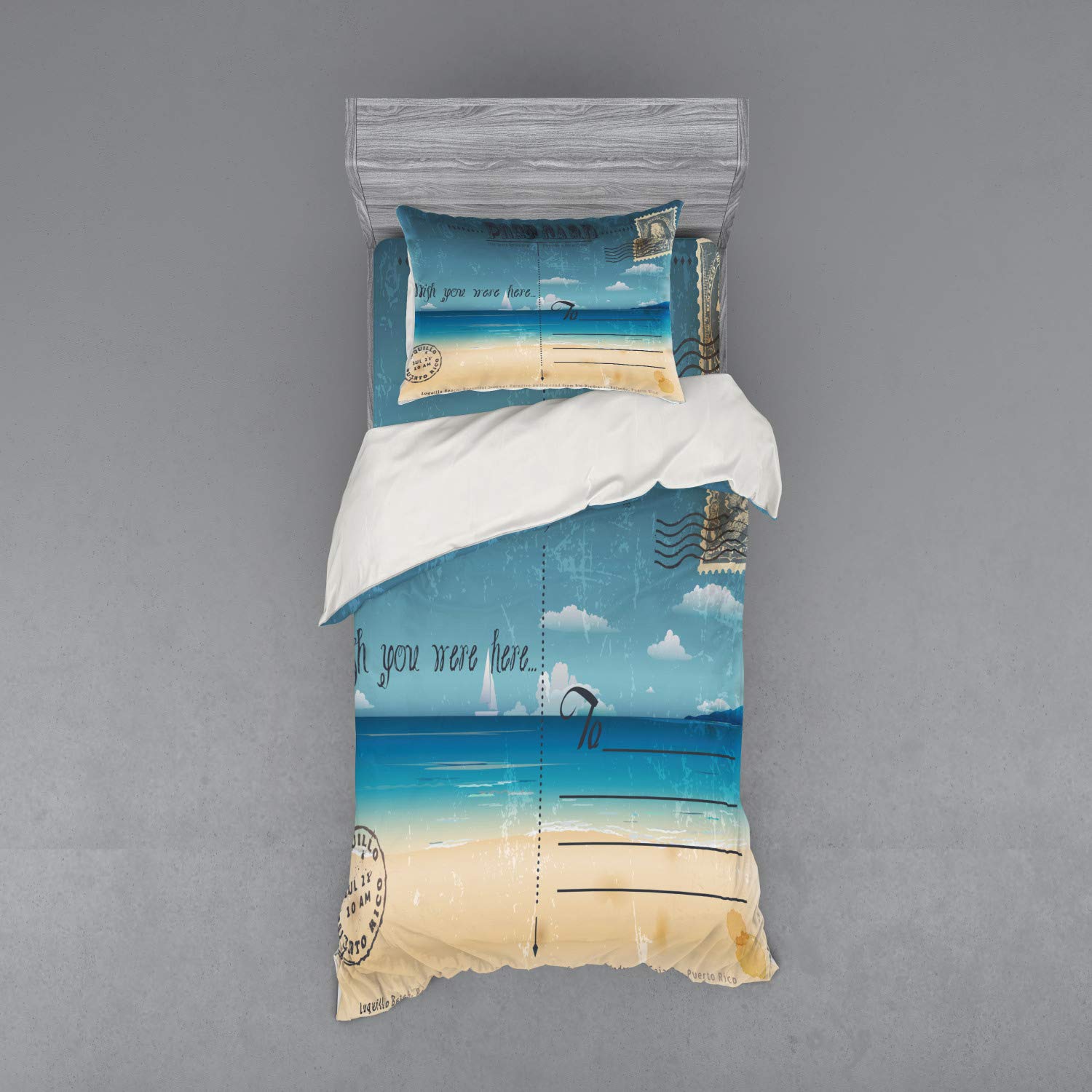 Ambesonne Vintage Travel Print 3-Piece Duvet Cover Set - Tropical Summer Design with Sham & Fitted Sheet, Twin XL Size in Sand Brown Teal | Perfect for Guest Rooms, Vacation Homes & Tropical Themed Bedrooms