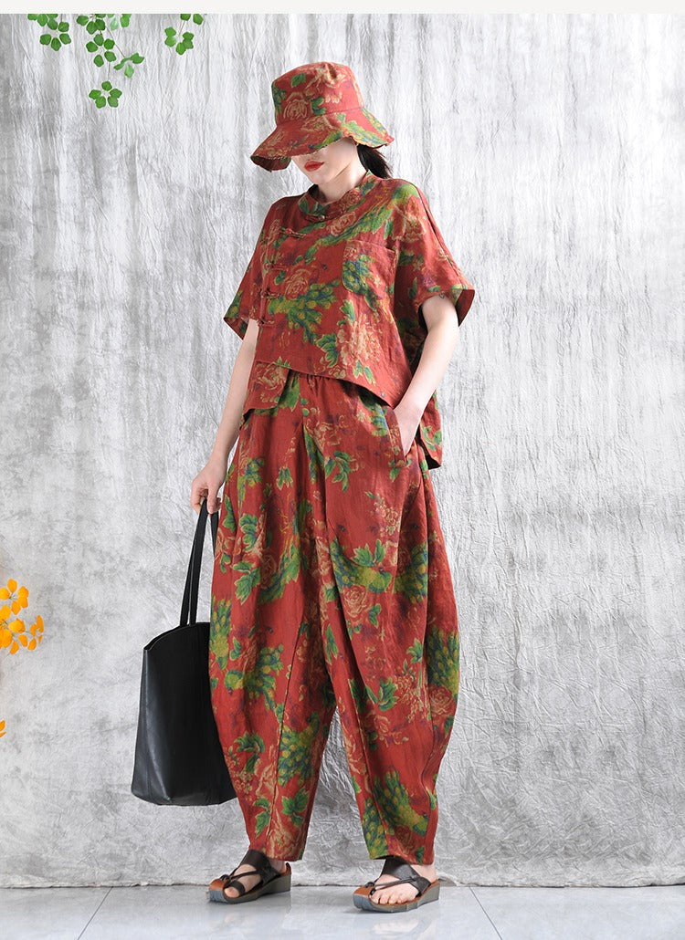 Women's Summer Linen Peony Floral Print Button Down Shirt & Harem Pants Set - Boho Chic Outfit for Beach Vacation, Yoga, and Casual Wear