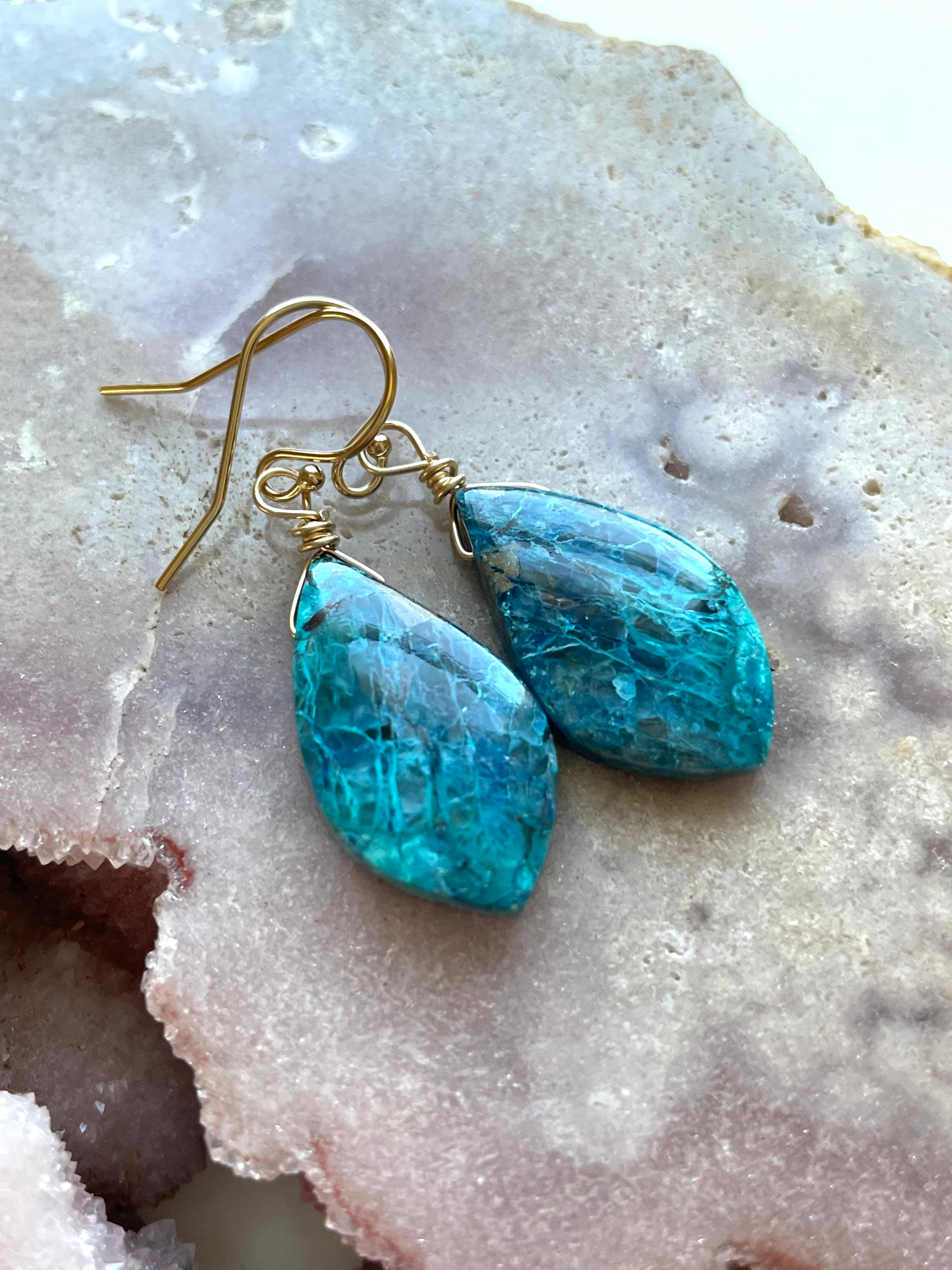 Shattuckite Earrings - 14K Gold Filled Gemstone Jewelry for Women | Healing Crystal Dangle Earrings for Meditation, Yoga & Spiritual Gifts