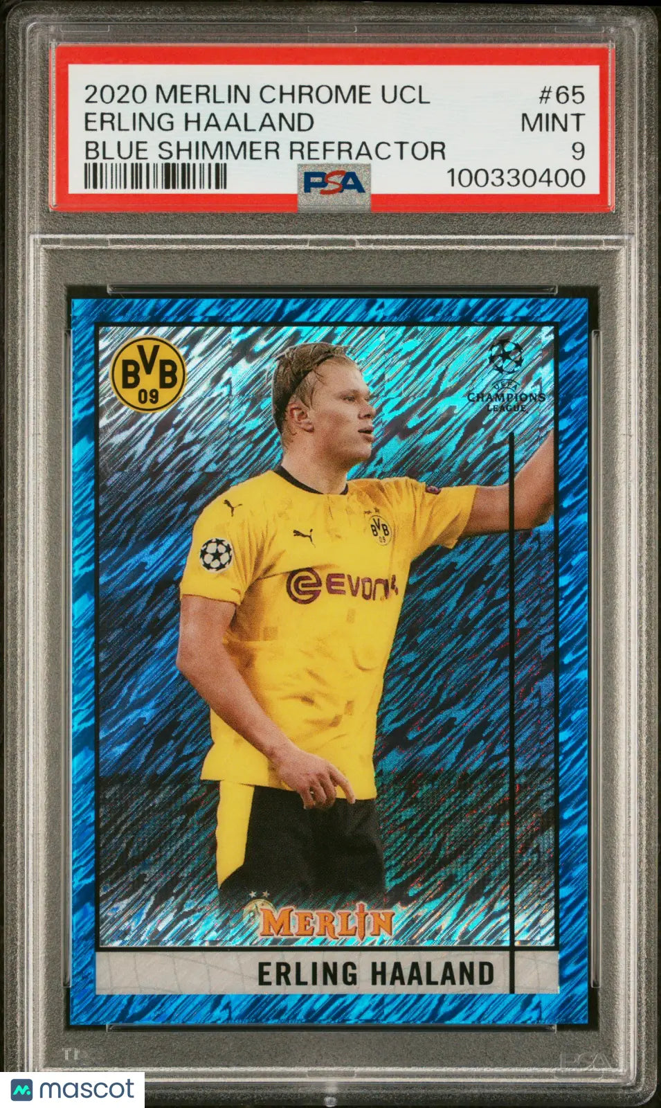 2020 Topps Merlin Chrome UCL Erling Haaland Blue Shimmer Refractor PSA 9 /75 - Rare Soccer Trading Card for Collectors & Investors - Perfect for Display, Gifts, and Sports Memorabilia Collections