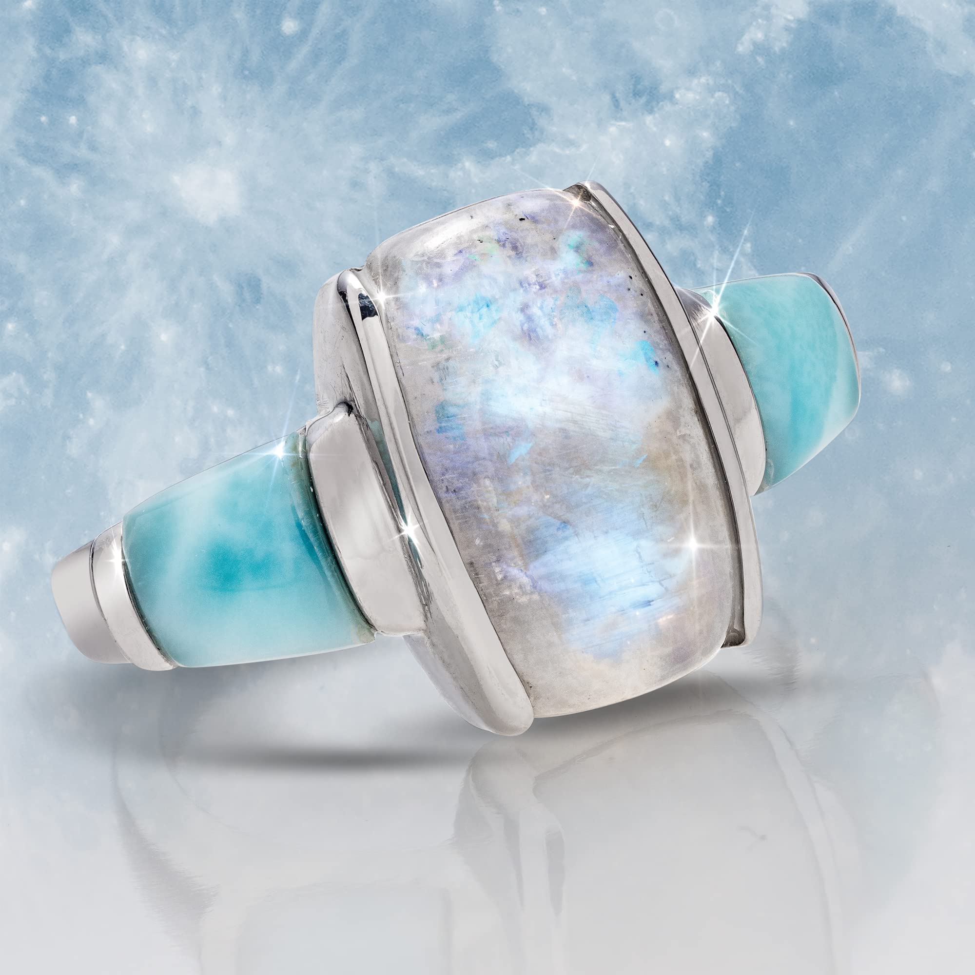 Stauer Genuine Larimar & Moonstone Ring for Women - 925 Sterling Silver Jewelry with 5ct Moonstone & 3ct Rare Larimar - Elegant Gemstone Ring for Special Occasions, Date Nights & Gift Giving
