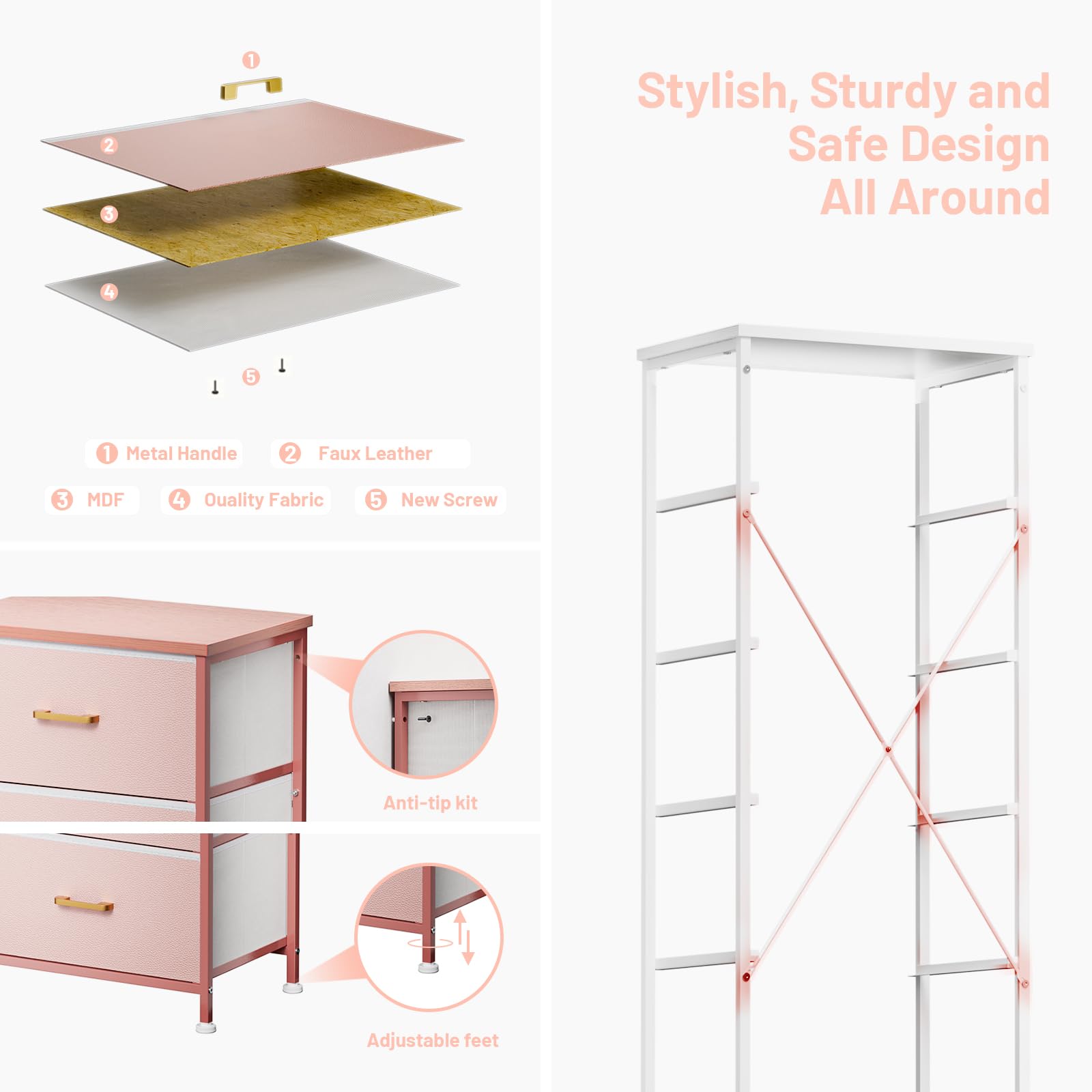 5-Drawer Tall Dresser for Bedroom - Pink Storage Tower with Sturdy Steel Frame, Fabric Bins & Wood Top - Perfect for Kids Room, Nursery, Closet or Living Room Organization - Elegant Leather Finish Dresser for Girls Bedroom Decor