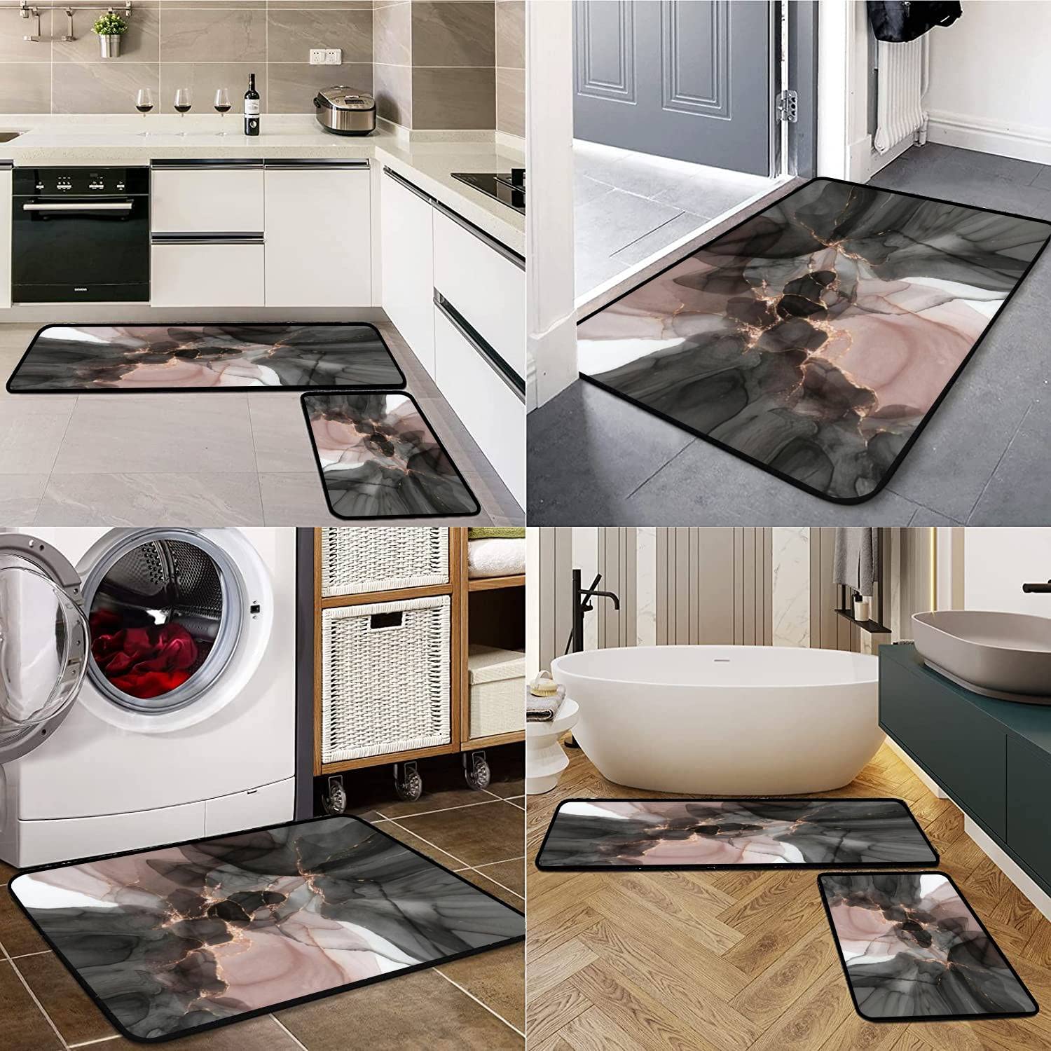 Pink Gold Marble Abstract Alcohol Ink Kitchen Rugs Set - Non-Slip Washable Floor Mat, Runner & Doormat for Kitchen, Bathroom Decor - Comfort Standing Mats for Home, Office & Entryway