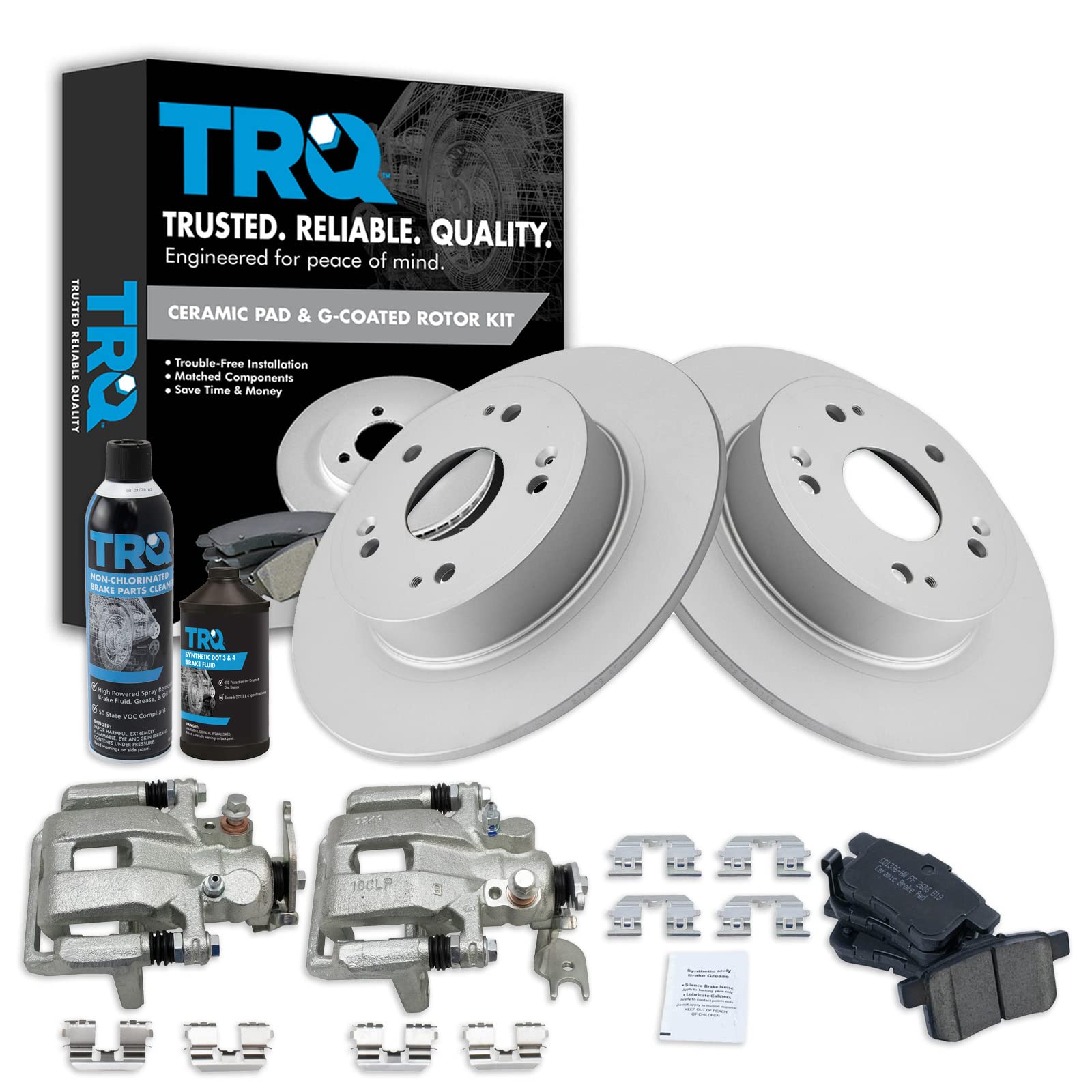 TRQ Premium Ceramic Brake Pads & G-Coated Rotors Kit with Caliper & Chemical Kit - Compatible with 2009-2014 Acura TSX & 2008-2012 Honda Accord - Perfect for Daily Commuting & Highway Driving