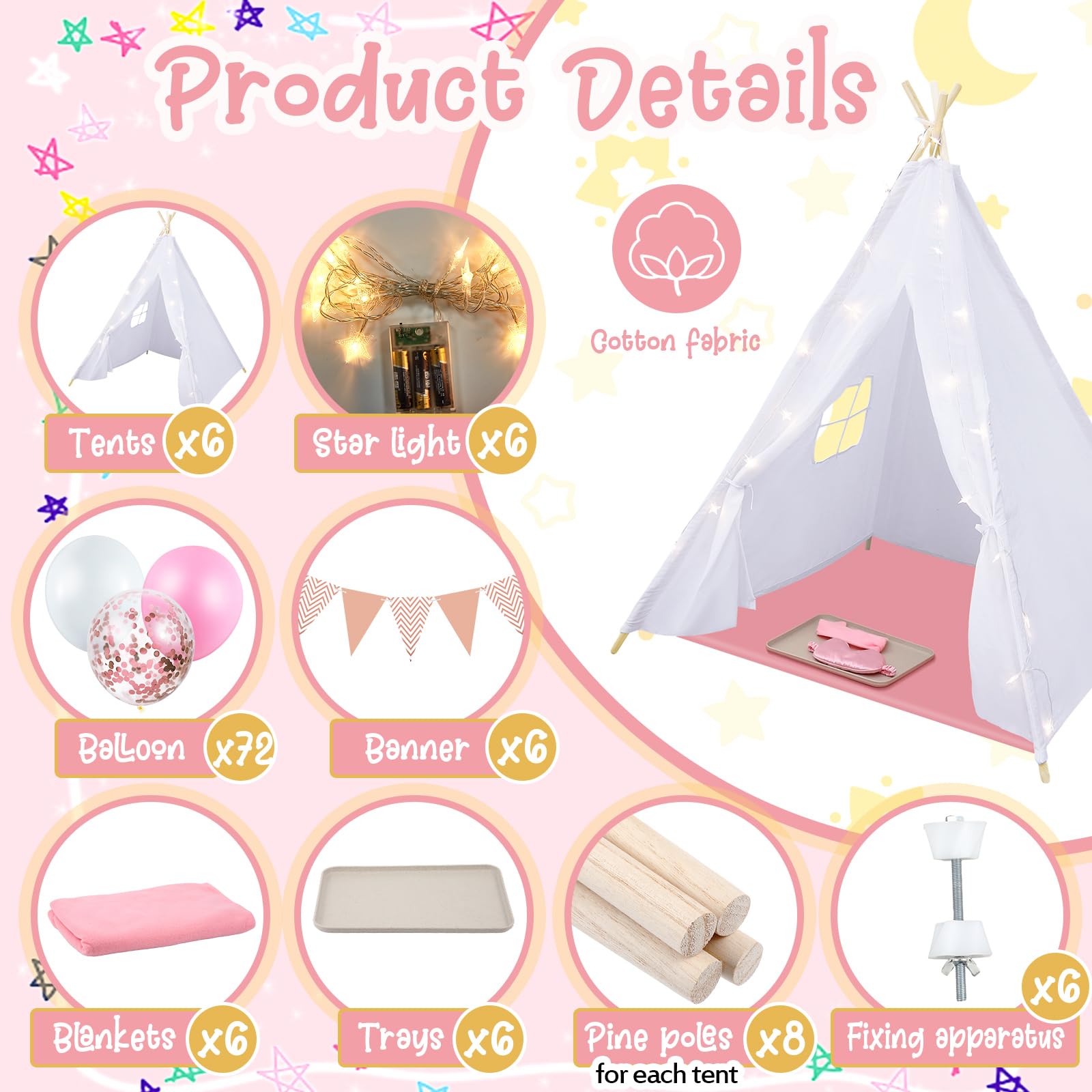 **6 Pack Kids Teepee Tent with Light Blankets & Trays - Natural Cotton Play Tent for Toddlers, Washable Indoor/Outdoor Sleepover Tent for Boys & Girls - Perfect for Slumber Parties, Birthday Gifts & Playroom Decor**
