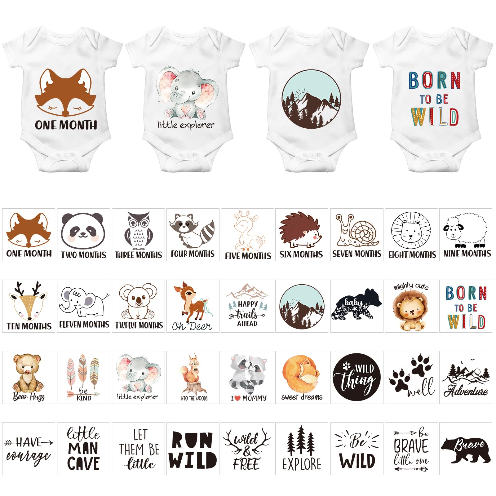 36 Pcs Iron-On Baby Shower Decals - Animal Themed Transfer Stickers for DIY Baby Bodysuits, Bibs & T-Shirts - Perfect for Gender Reveal Parties & Newborn Gift Decorating