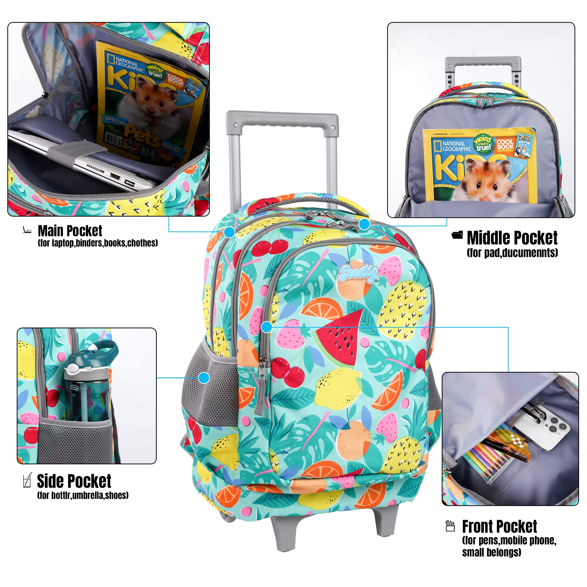 Seastig 18 Inch Rolling Backpack for Kids - Double Handle Wheeled Backpack with Detachable Lunch Bag Set | School, Travel & Daily Use Backpack for Boys & Girls