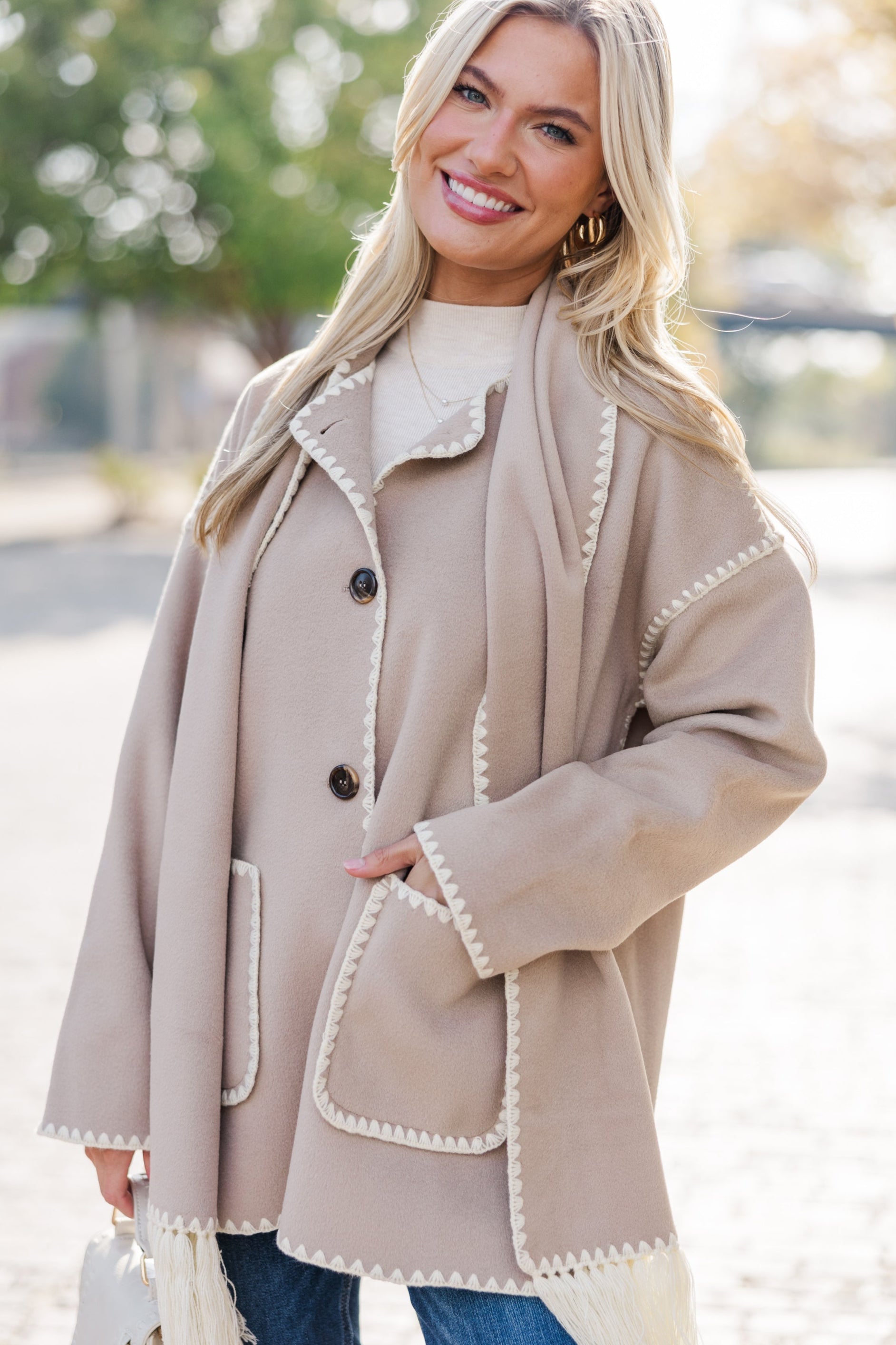 Better Together Camel Contrast Stitched Jacket - Stylish Women's Outerwear for Fall & Winter | Perfect for Casual Outings, Date Nights & Office Wear