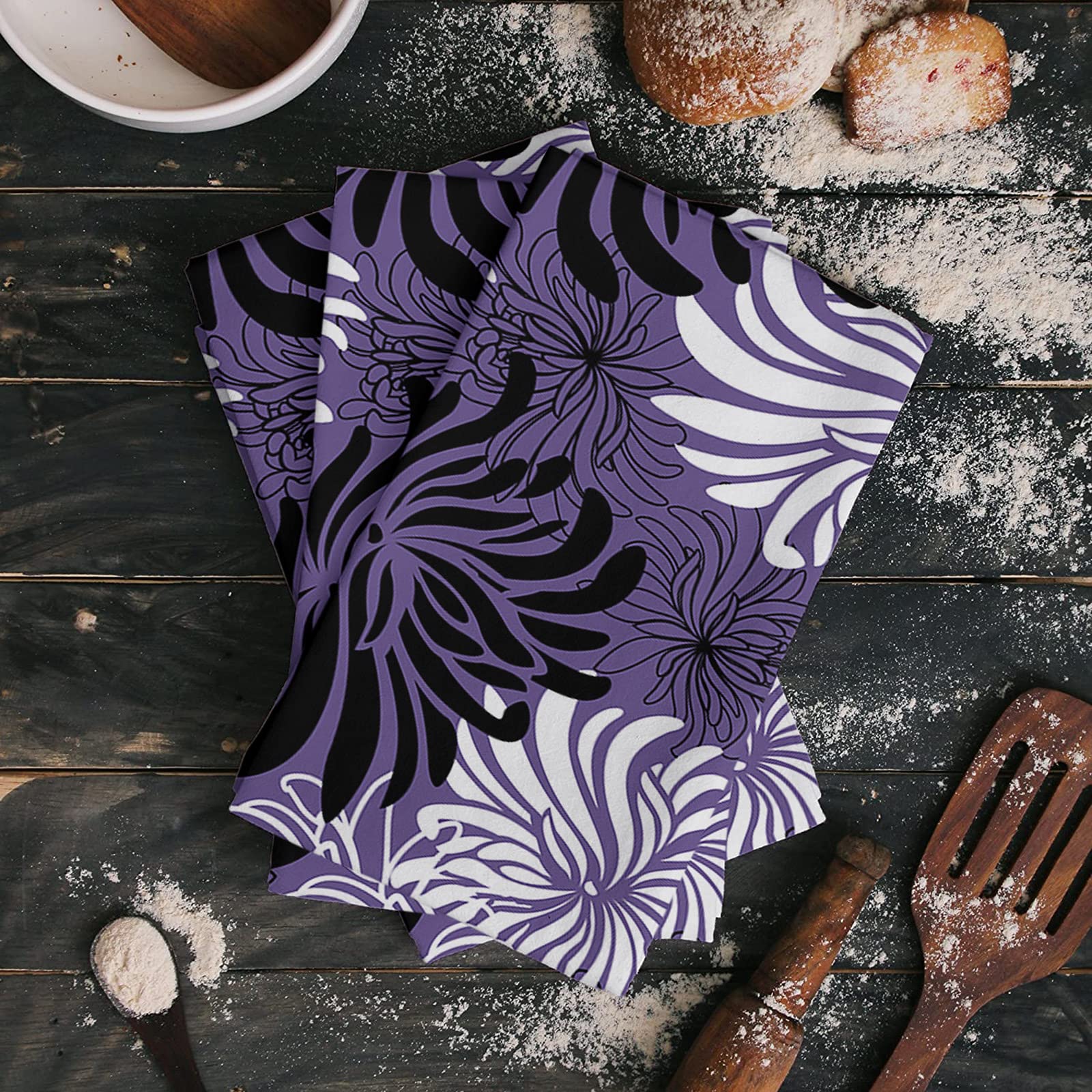 Premium Microfiber Dish Towels Set of 4 - Super Absorbent & Quick-Drying Kitchen Tea Towels (18x28 Inch) in Retro Black, White & Purple Patterns | Ideal for Dishes, Countertops & Bathroom Use