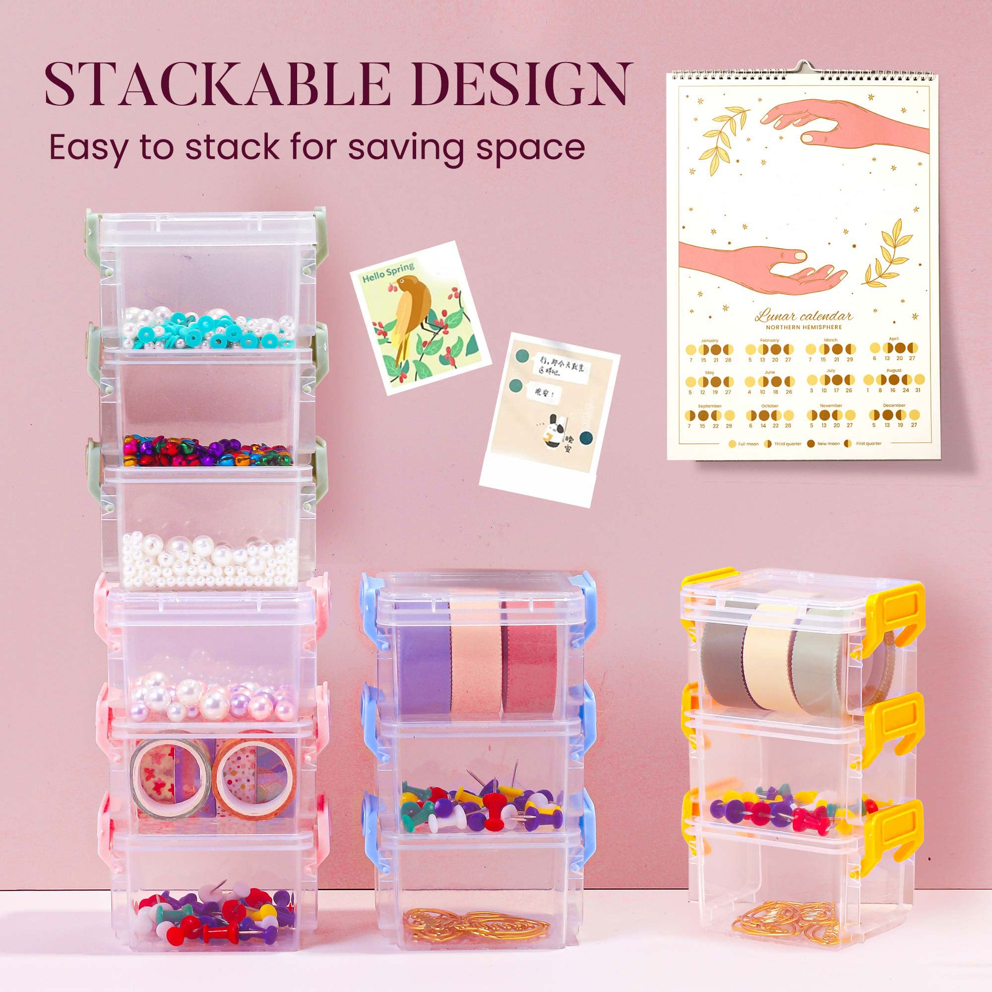 6 Pack Small Plastic Storage Bins with Lids - Colorful Stackable Bead Organizer Containers for Crafts, Jewelry & Small Items - Green & Pink - Perfect for Craft Rooms, Office & Home Organization