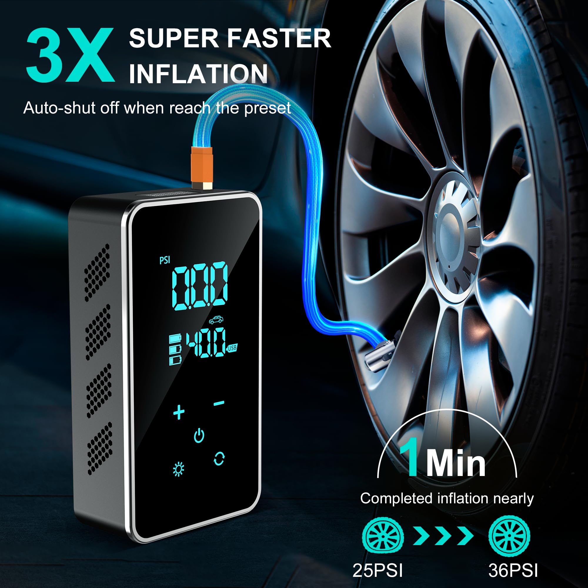 Portable Tire Inflator Air Compressor 150 PSI - Electric Car Tire Pump with Digital Touch Screen & Pressure Gauge - Super Battery Powered for Bikes, Motorcycles, Sports Balls - Perfect for Road Trips, Emergency Flat Tires & Outdoor Adventures (Black/Green)