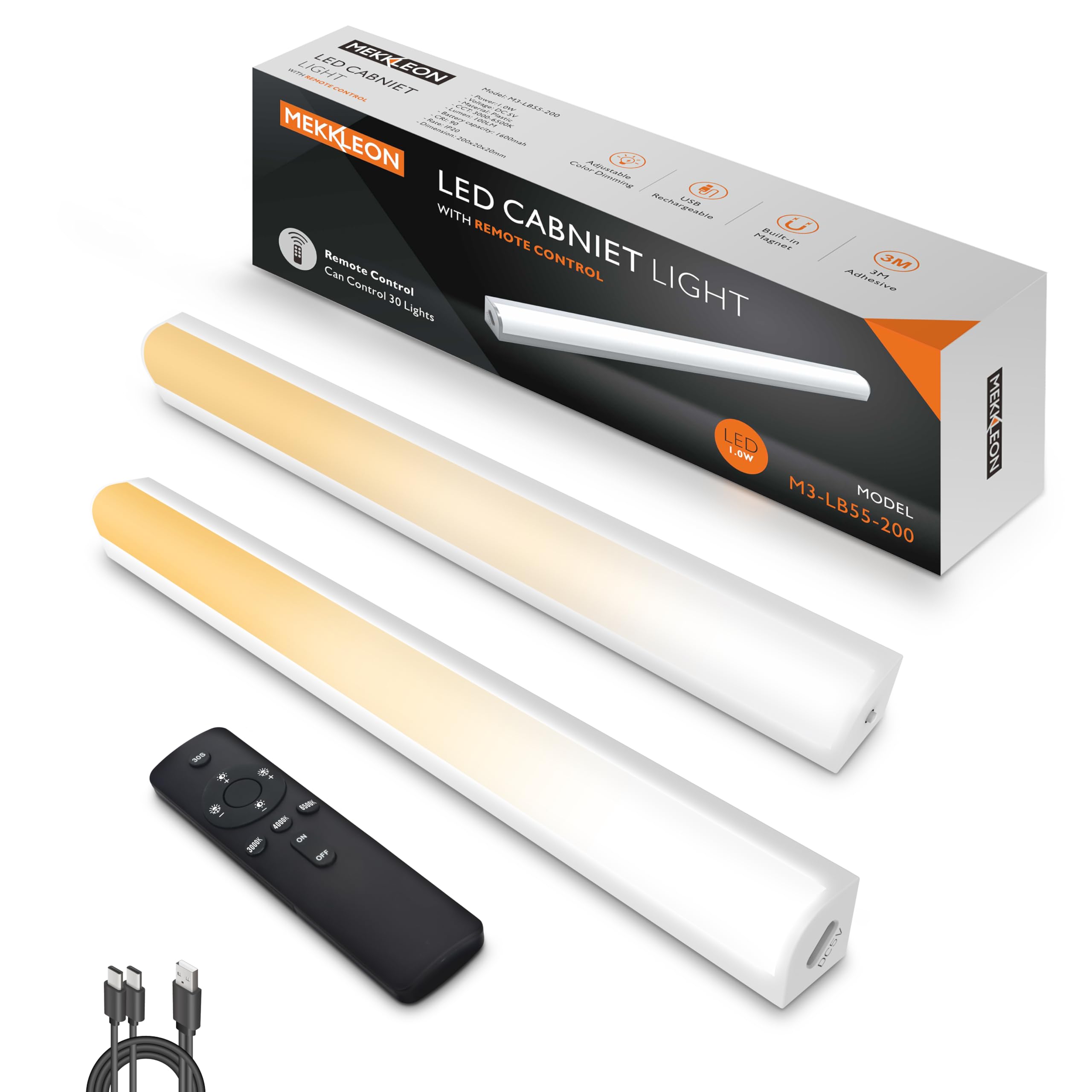 2 Pack Magnetic Dimmable Under Cabinet Lights with Remote Control - USB Rechargeable Wireless LED Closet Lights for Kitchen, Ceiling & Counter Lighting (White, 20CM) - Perfect for Pantry, Garage, Workshop & Nighttime Navigation