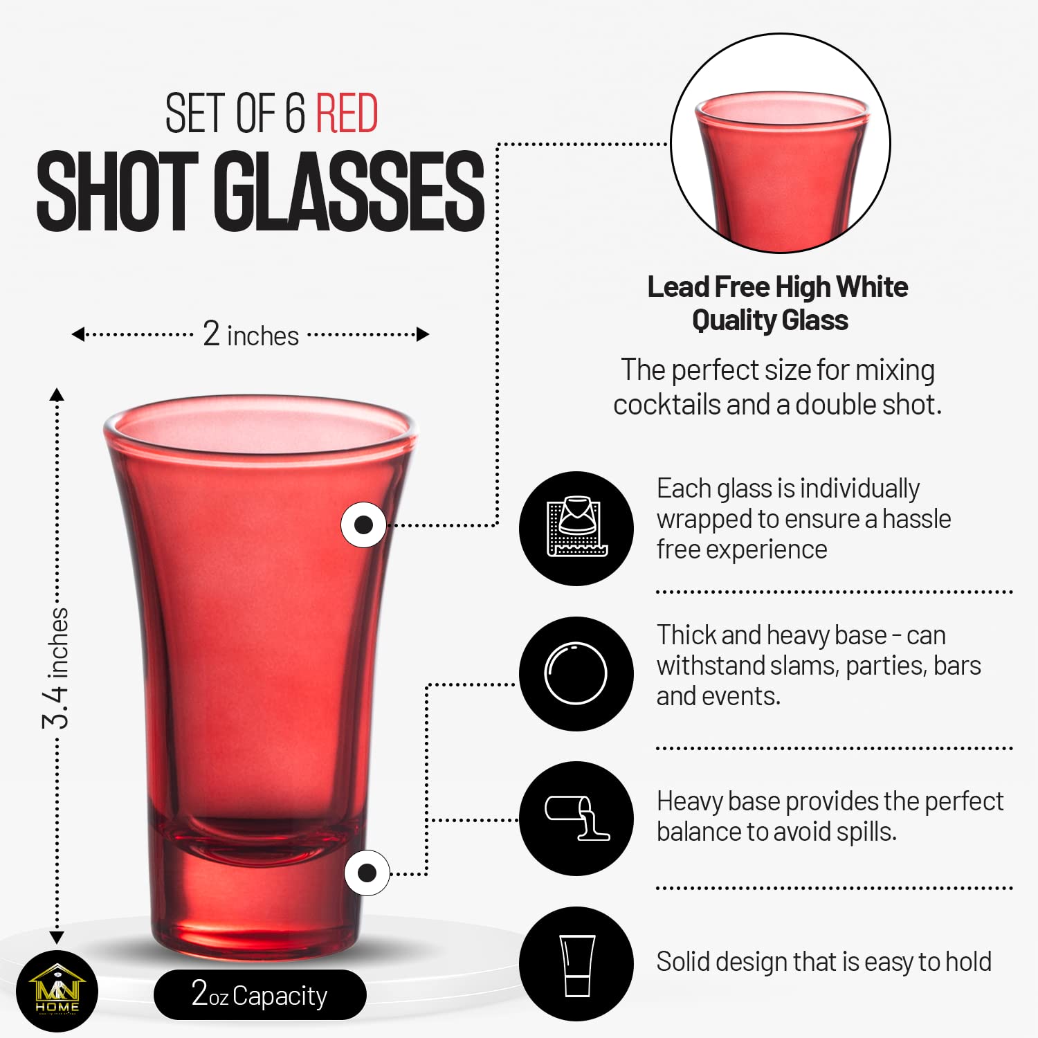 M&N HOME 2 Oz Red Shot Glasses Set of 6 - Heavy Base Colored Glass Shot Cups for Tequila, Vodka & Liquor - Perfect for Christmas Parties, Barware & Home Entertaining