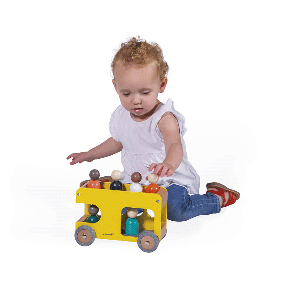 Janod Bolid School Bus Toy - Wooden Educational Toy for Kids, Perfect for Pretend Play & Early Learning | Great for Preschool, Daycare & Home Playtime