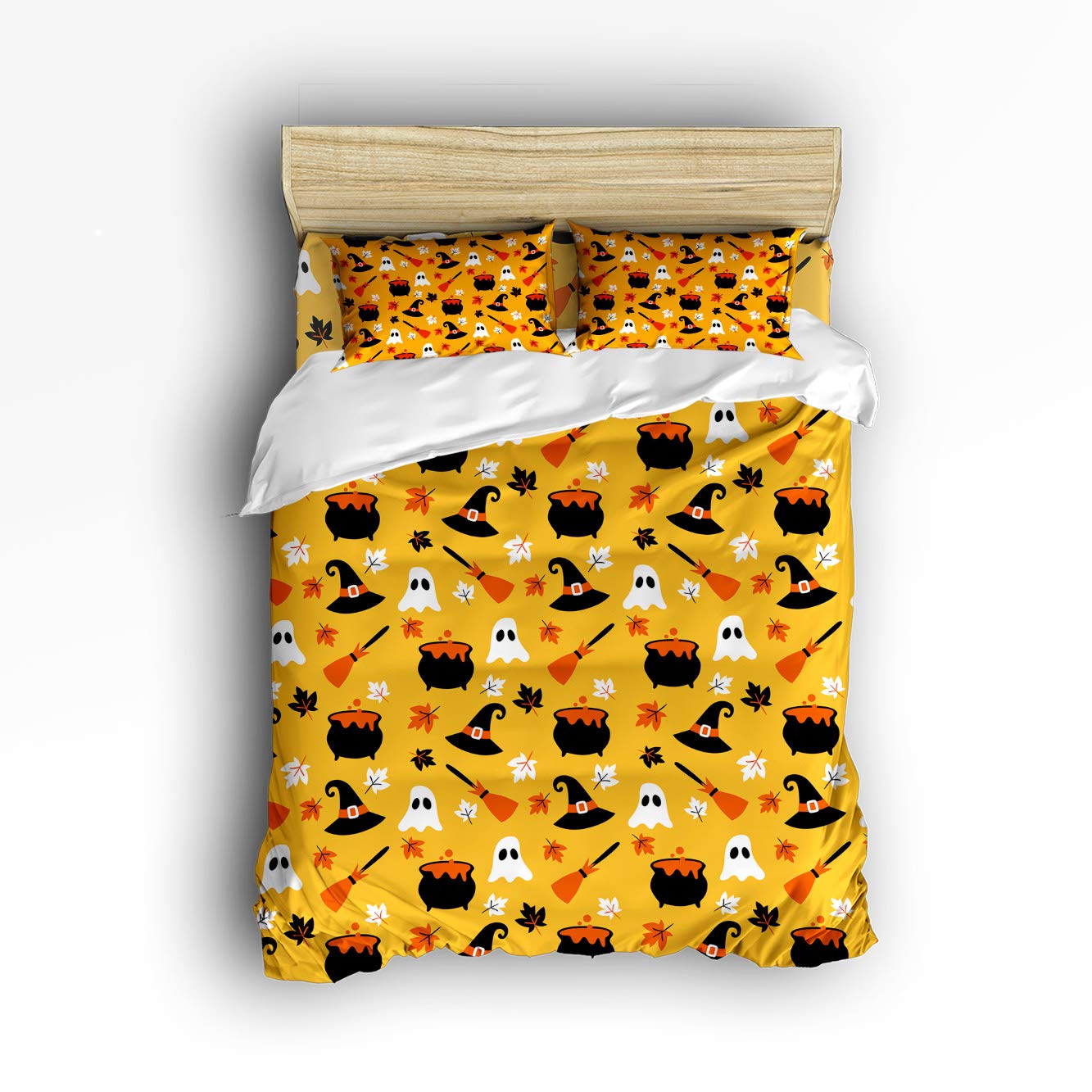 Full Size Halloween Bedding Set - Ghost Witch Hat & Magic Broom Duvet Cover with 1 Flat Sheet & 2 Pillowcases | Soft Lightweight Comforter Cover for Spooky Bedroom Decor, Themed Parties & Seasonal Home Decor