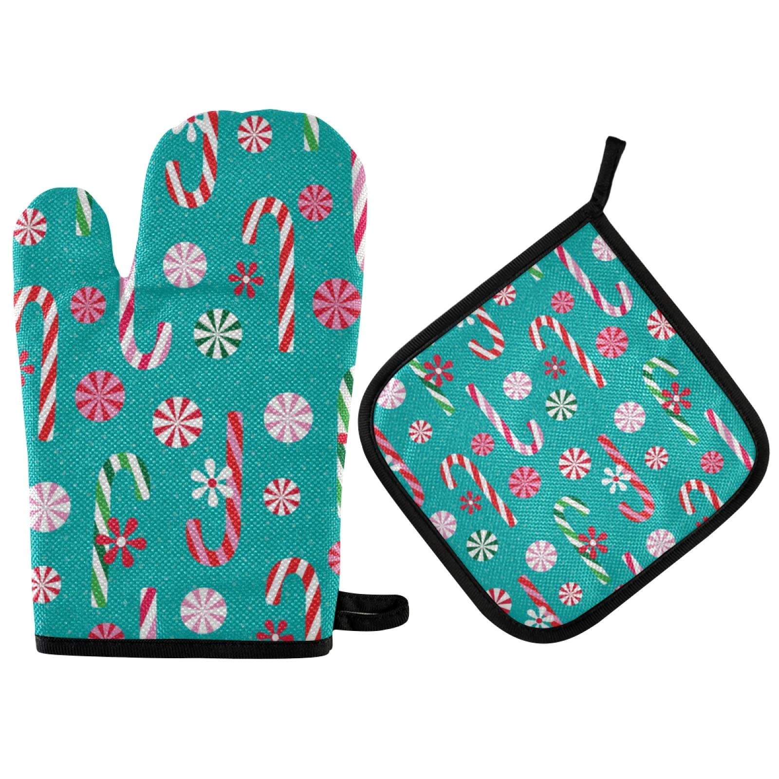 QUGRL Colorful Christmas Candy Oven Mitts & Pot Holders Set - Heat Resistant Kitchen Gloves for Baking, Cooking, BBQ - Holiday Kitchen Accessories for Christmas Decor & Gift Giving