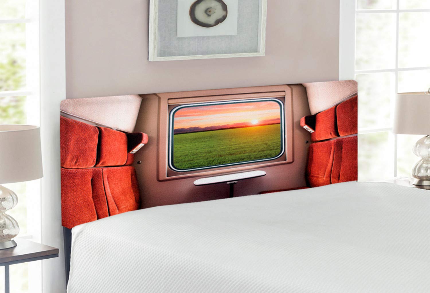 Ambesonne Nature Headboard - Full Size Upholstered Metal Bed Frame with Memory Foam, Red Green Cream Design | Train Window Scenery Inspired Home Decor for Bedroom, Guest Room & Dorm