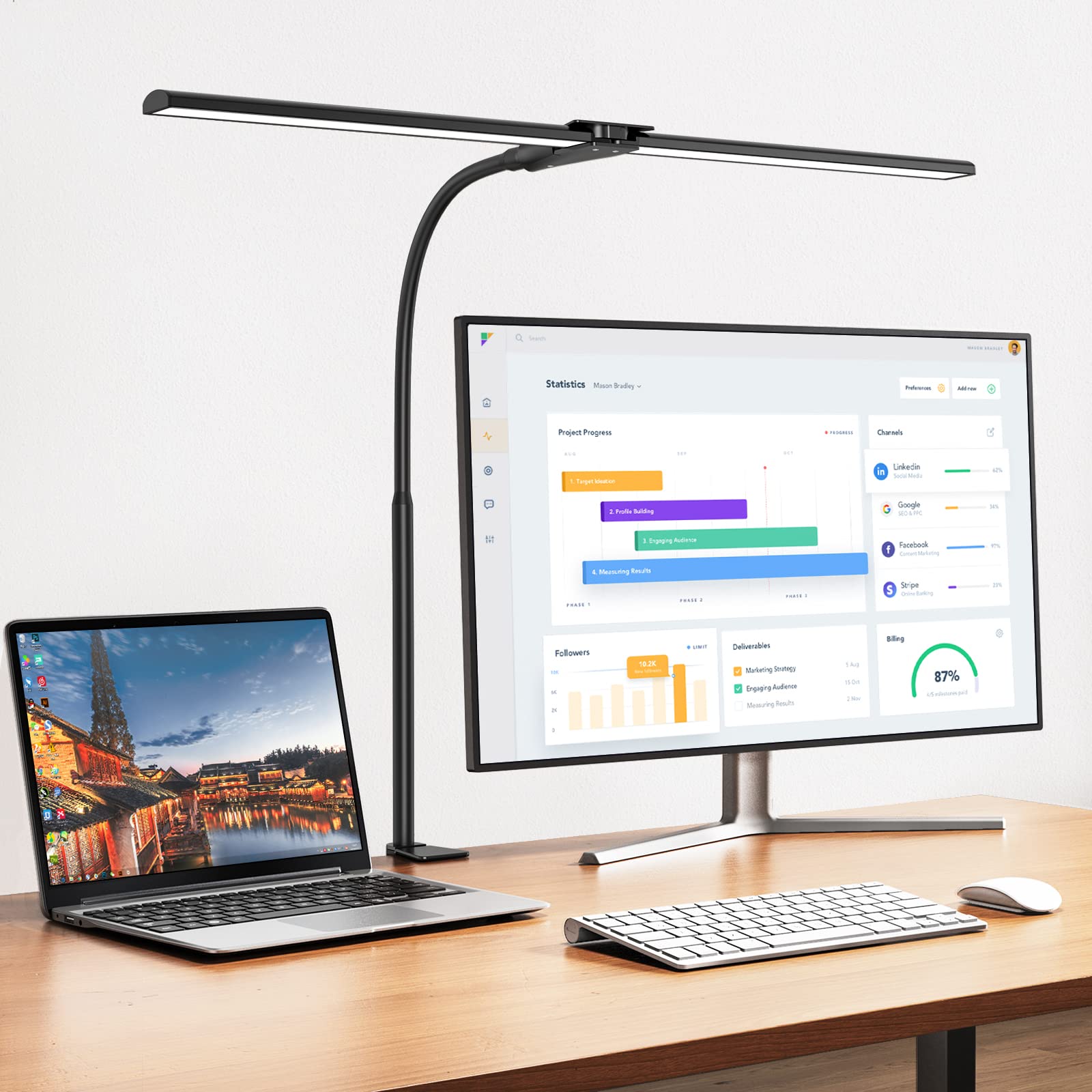 EppieBasic LED Desk Lamp with Double Head - 1200LM Bright Architect Desk Light for Home Office, Workbench & Studio - Eye Protection Modern Task Lamp for Working, Reading & Monitor Use