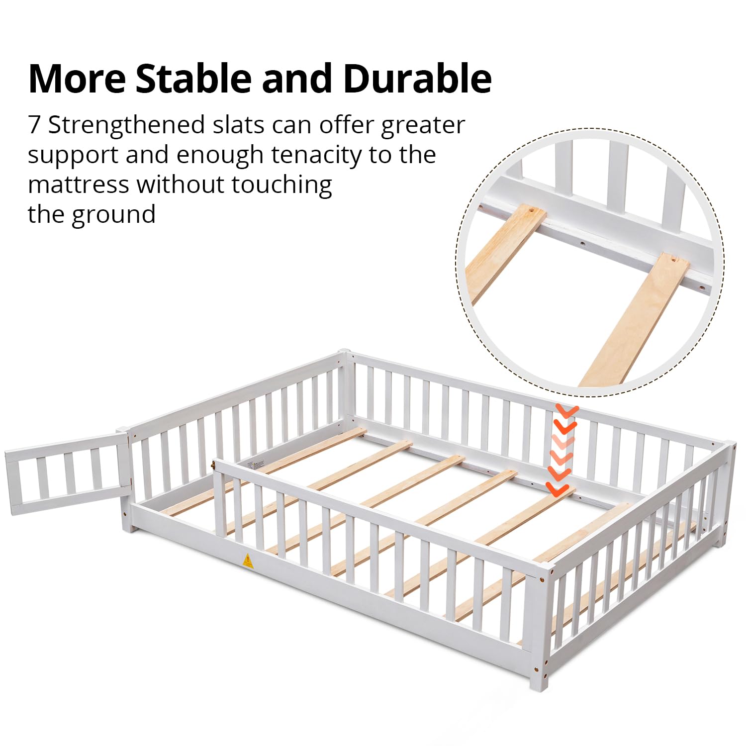 Montessori Floor Bed for Kids - Solid Wood Full Size Bed Frame with Safety Fence & Door, White Toddler Bed with Guardrails and Bed Slats | Perfect for Montessori Bedrooms, Daycare Centers & Safe Toddler Sleep Spaces